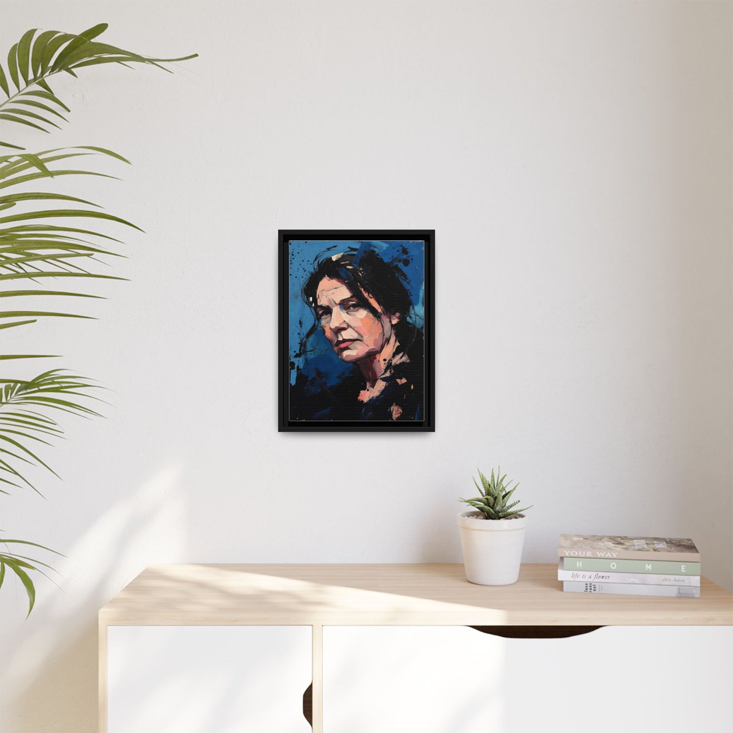 Framed Matte Canvas Portrait — Expressive Blue Painterly Woman Art