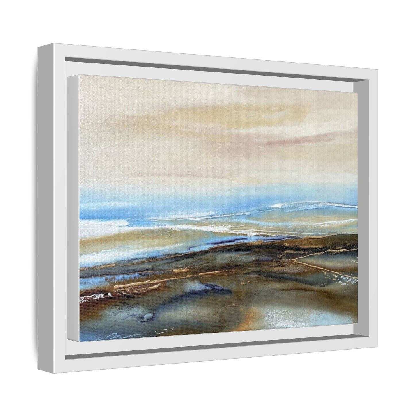 Framed Abstract Seascape Matte Canvas — Coastal Blue & Earth Tone Wall Art