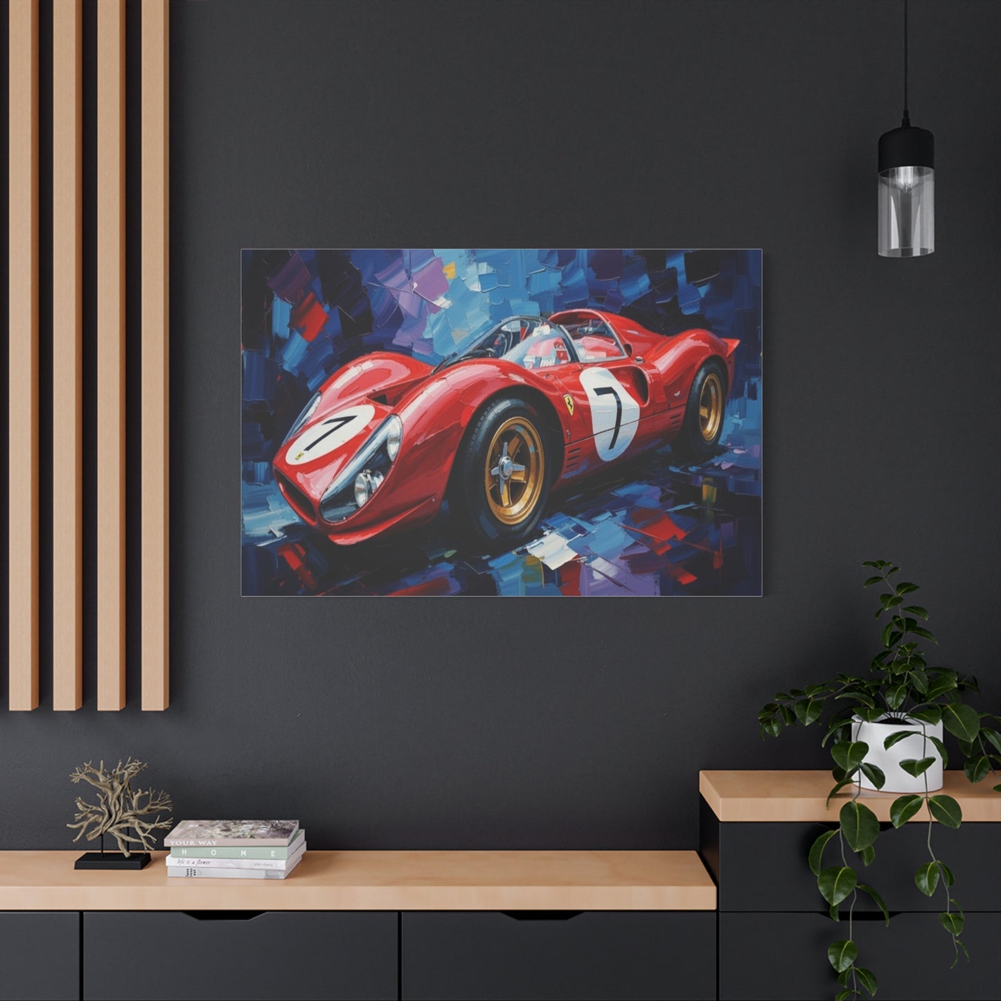 Vintage Ferrari Racing Car Canvas Print — Red Classic Sports Car Artwork (Matte Stretched)