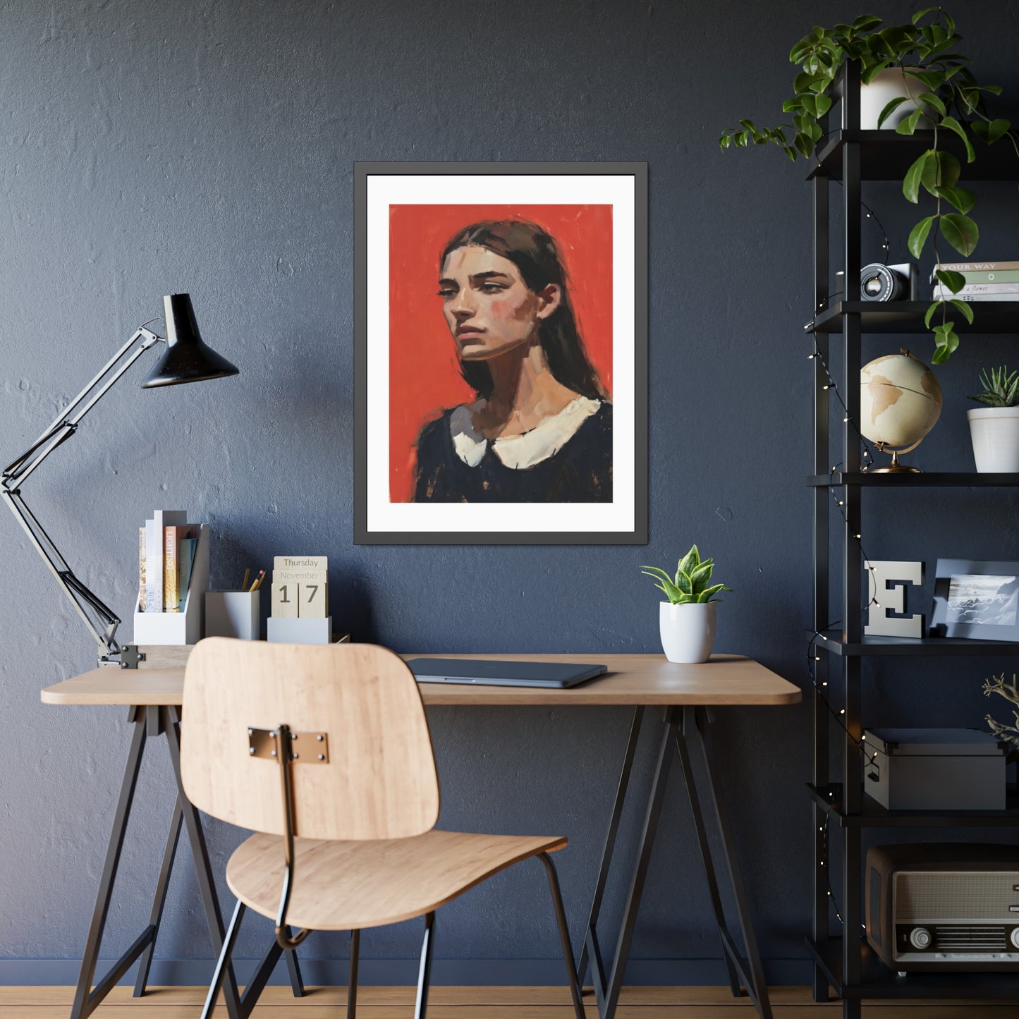 Framed Art Print — Distant Woman Portrait Painting on Red Background