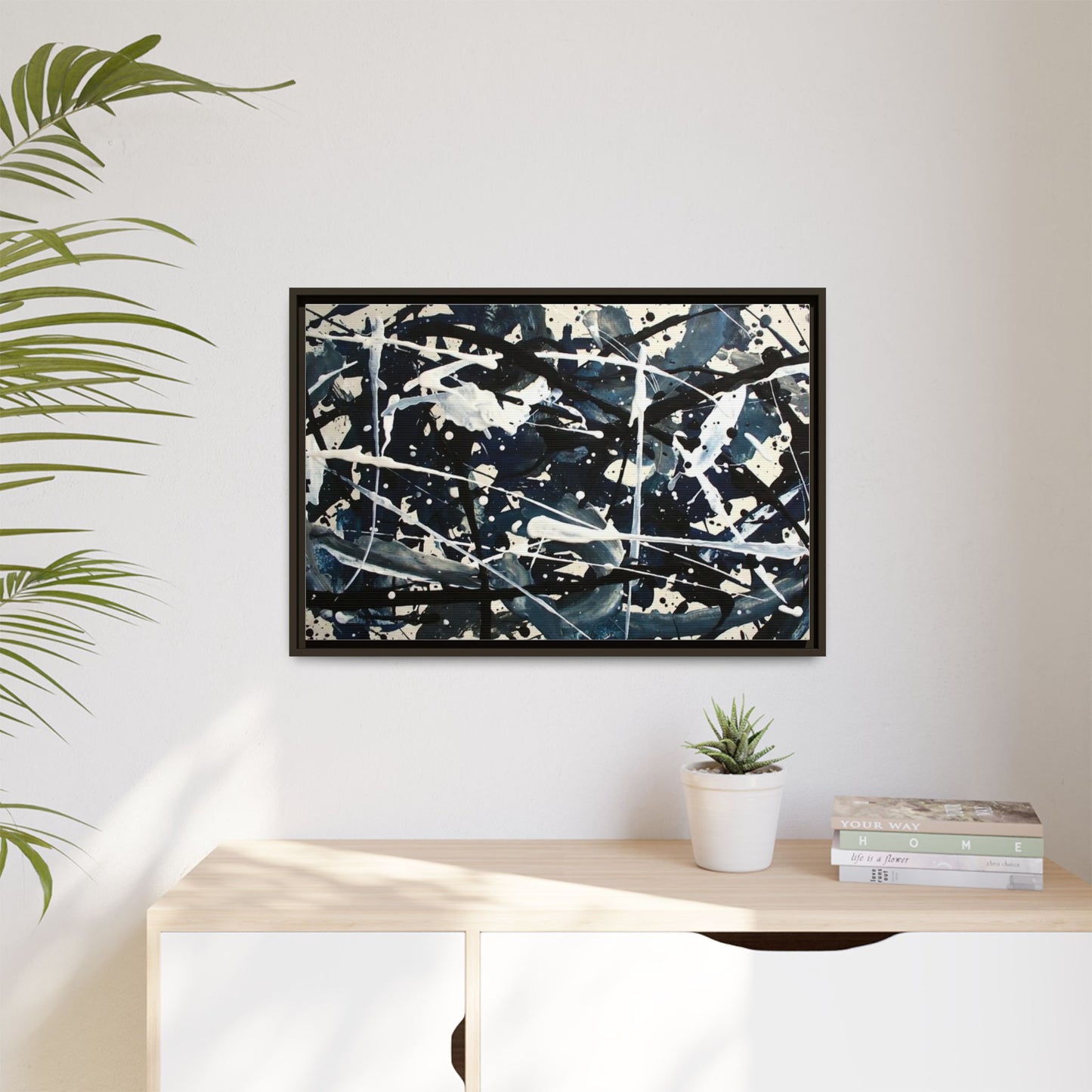 Abstract Splatter Matte Canvas Framed Wall Art — Black & Blue Modern Art Print