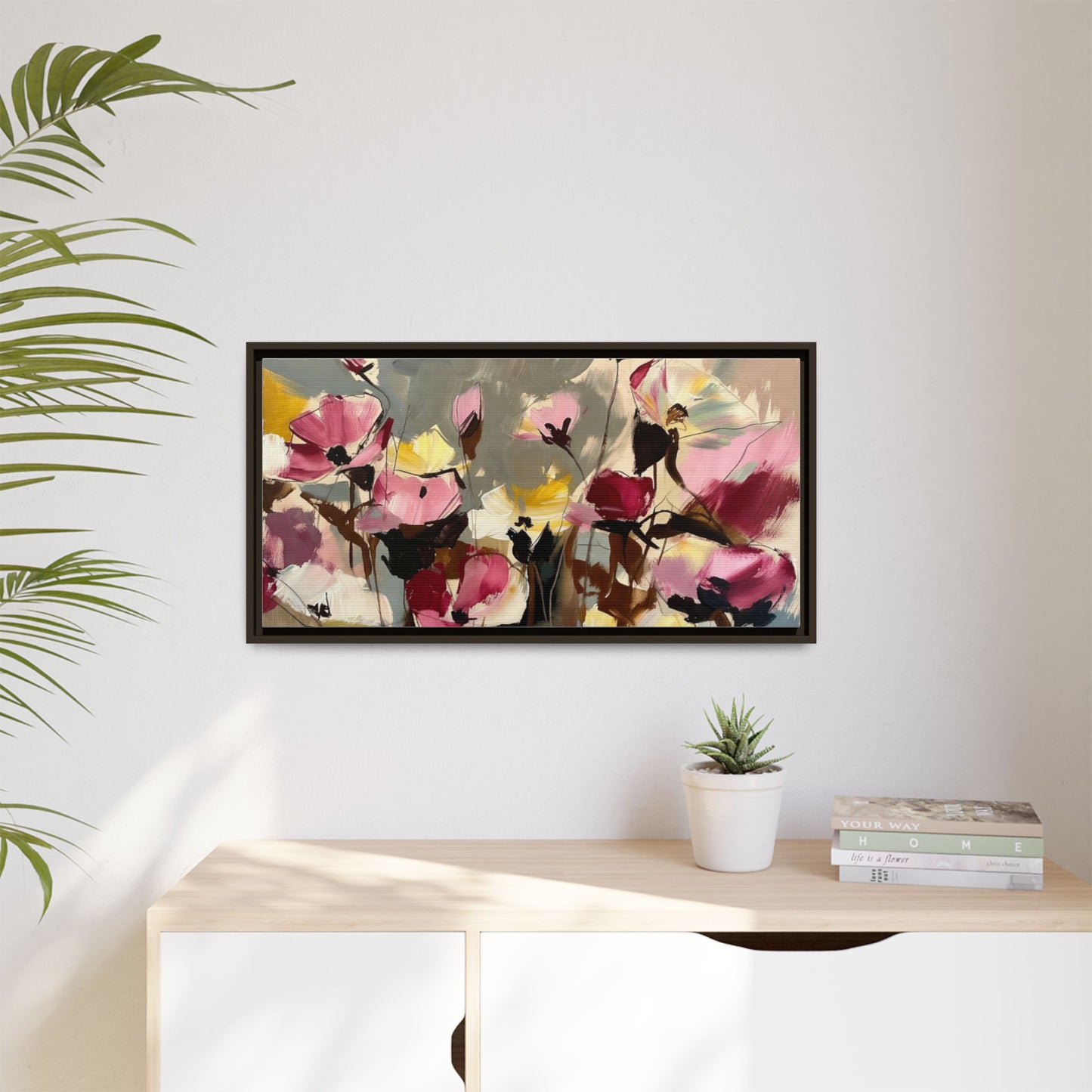 Framed Floral Canvas Wall Art — Abstract Pink & Yellow Flowers