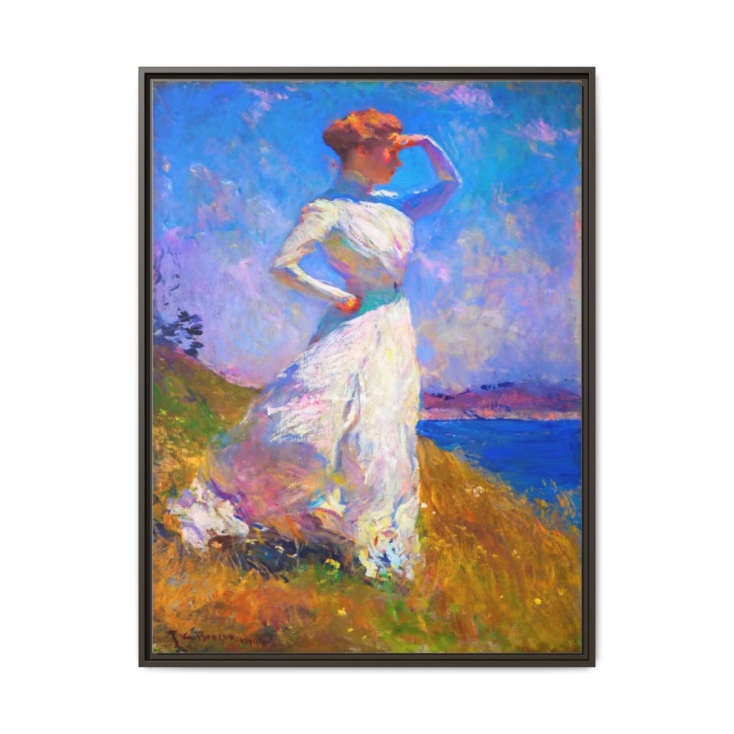 Framed Matte Canvas Art - Woman in White Seaside Impressionist Print