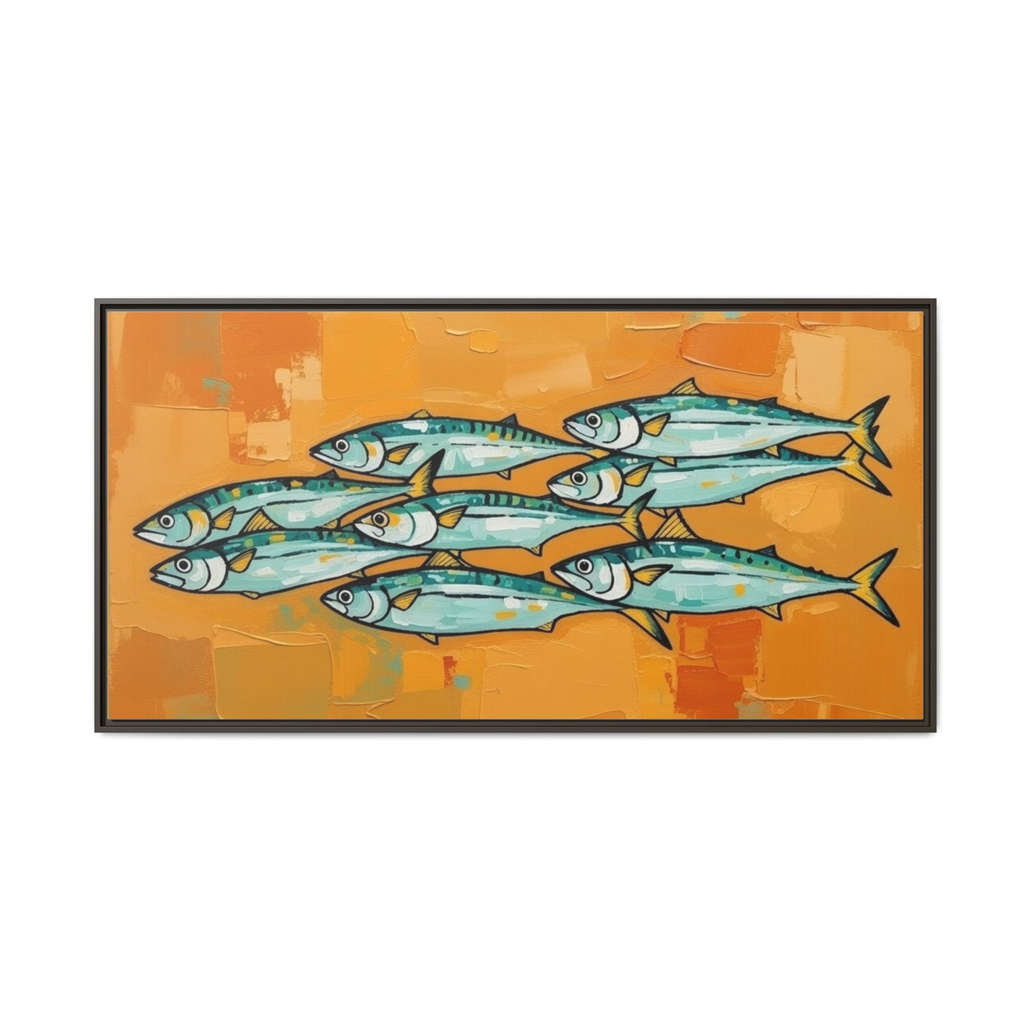 Framed Matte Canvas Print — School of Blue Fish on Orange Abstract Background