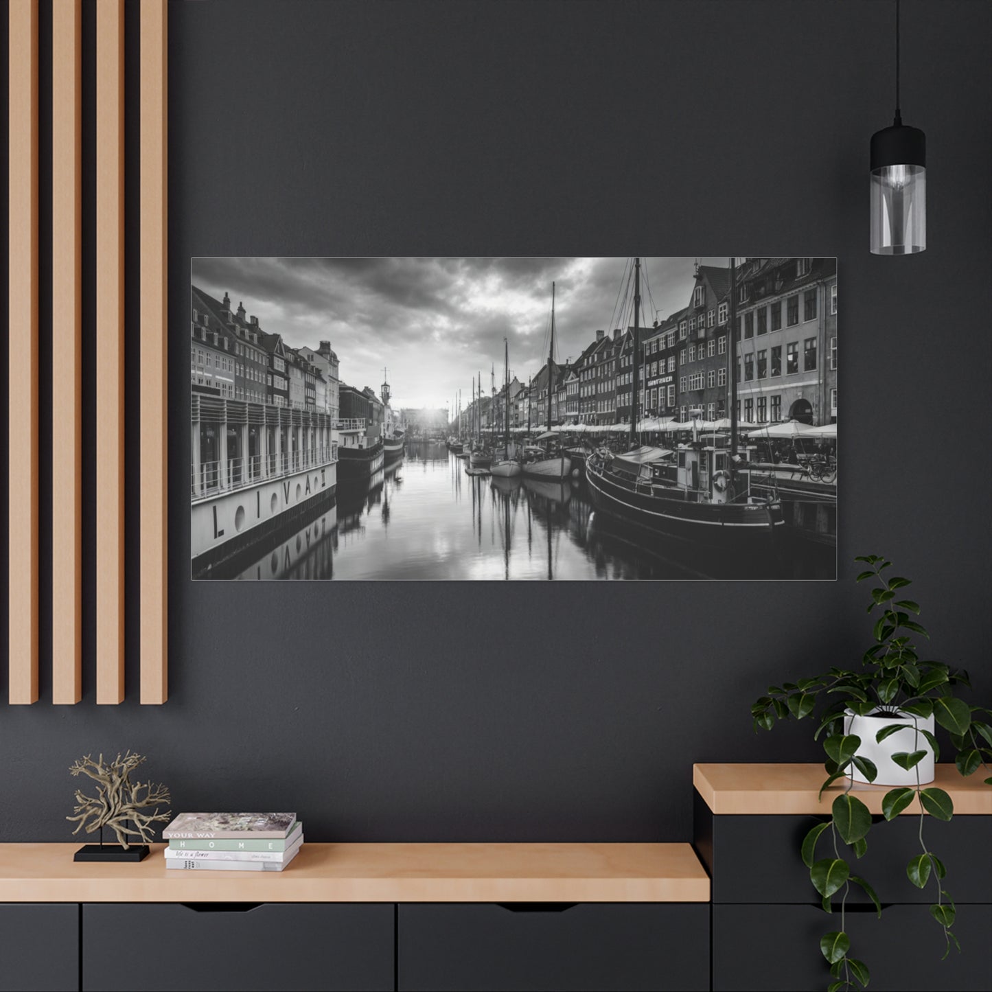 Black & White Harbor Canvas Print — Dramatic Copenhagen Cityscape Wall Art