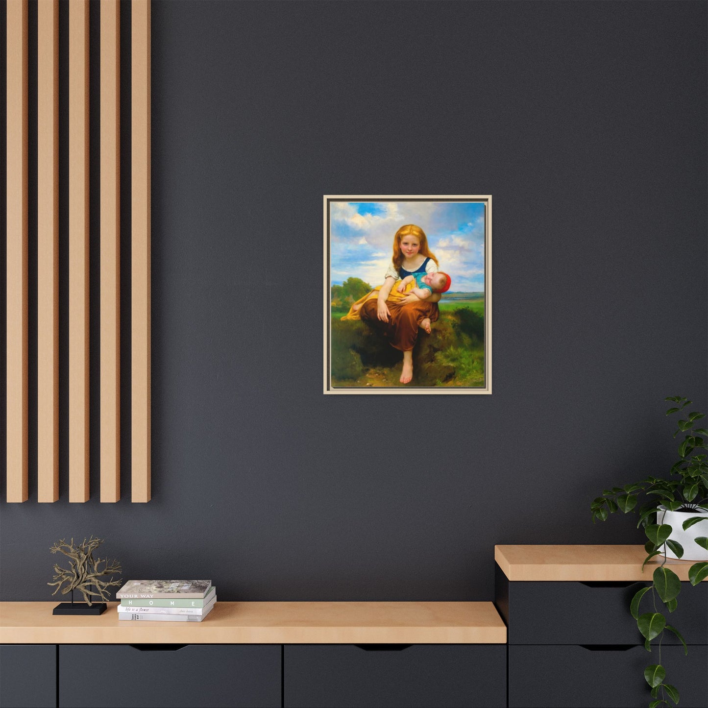 Young Girl Holding Sleeping Baby Canvas Print, Framed Wall Art