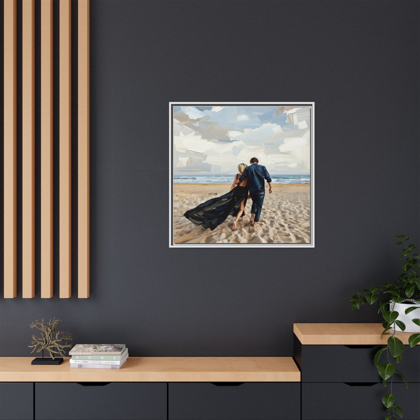 Framed Canvas Wall Art — Romantic Couple Walking on Beach Print