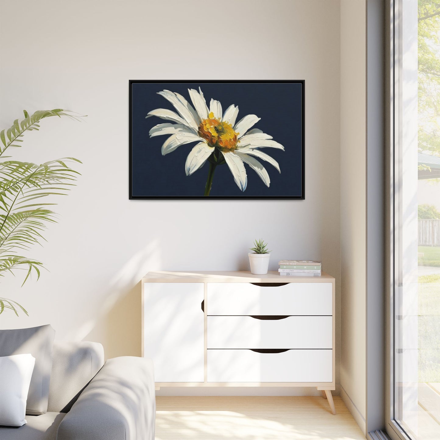 Framed Matte Canvas Daisy Wall Art — White Floral Painting on Navy