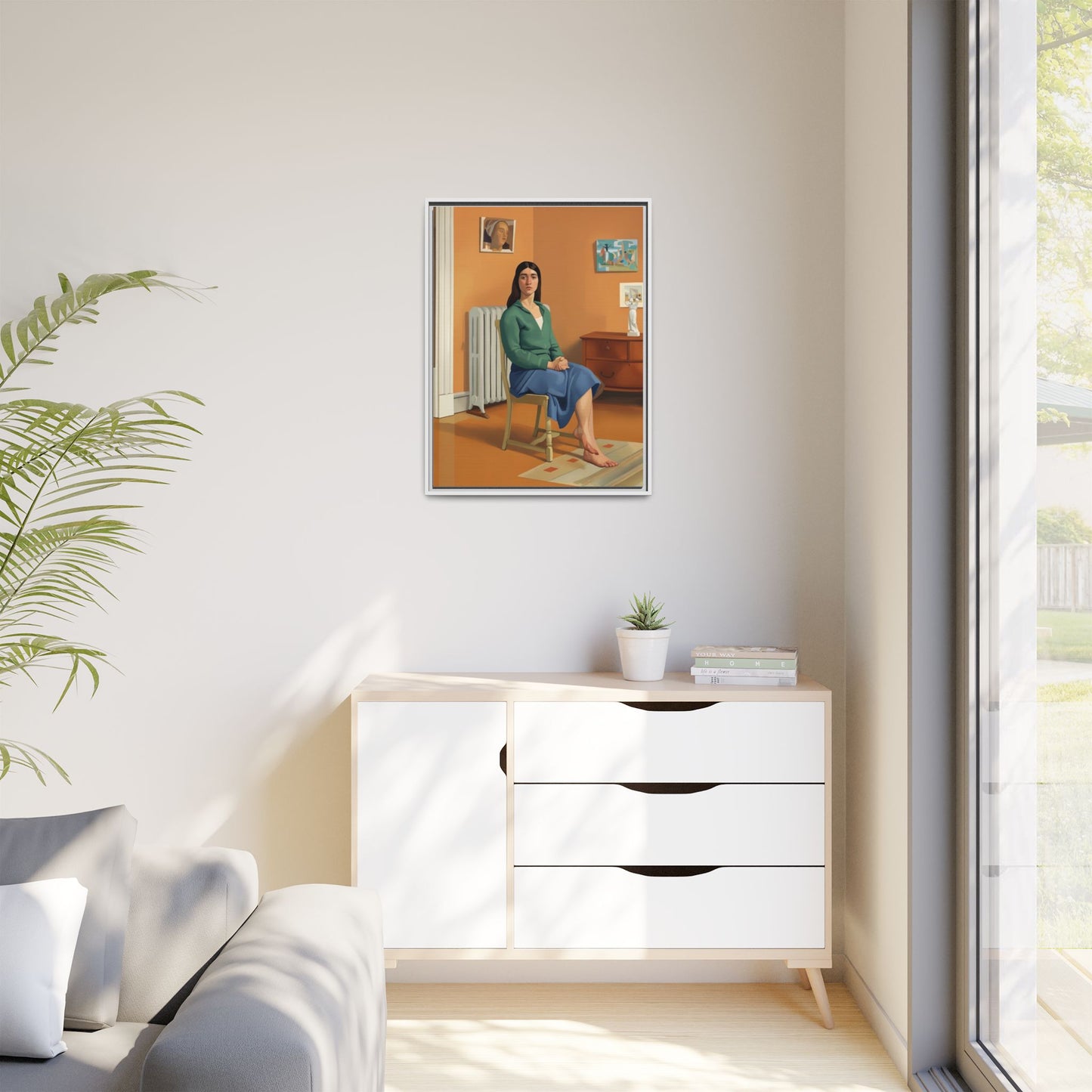 Framed Matte Canvas Print — Woman Seated in Warm Interior (Midcentury Portrait)