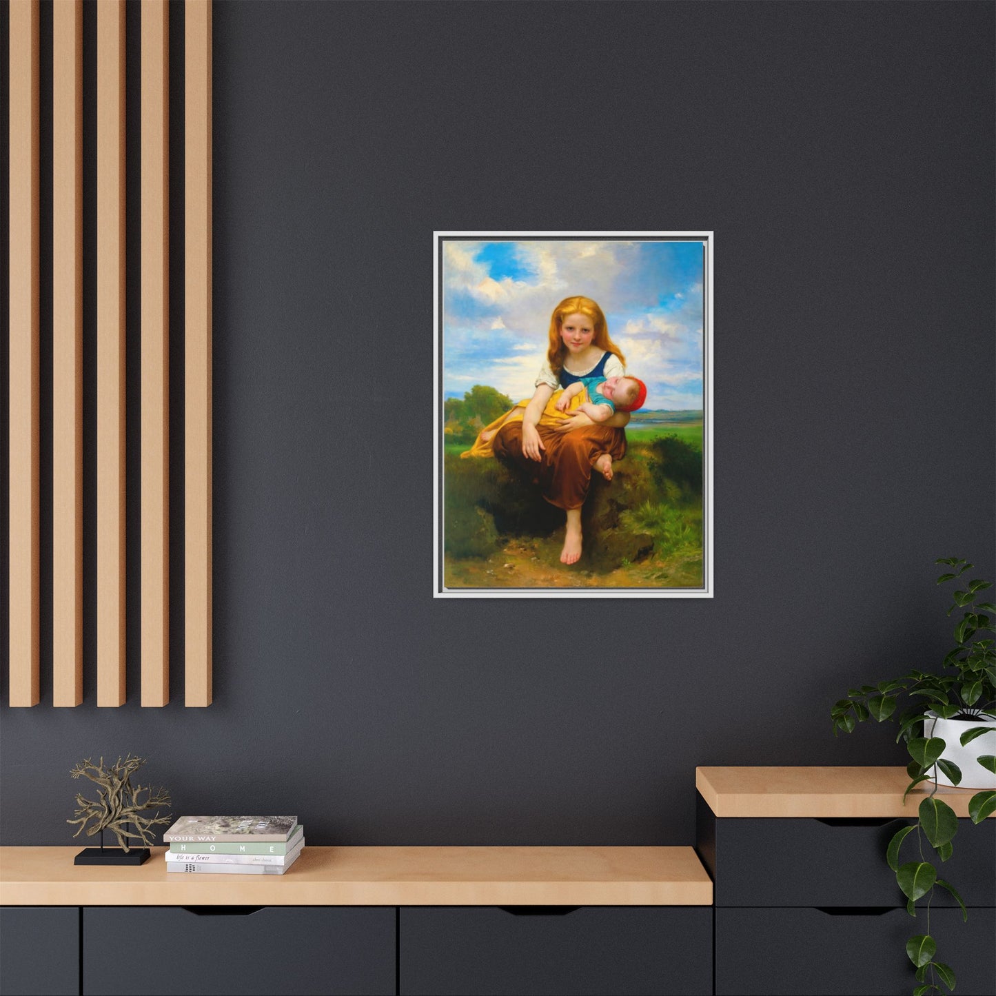 Young Girl Holding Sleeping Baby Canvas Print, Framed Wall Art