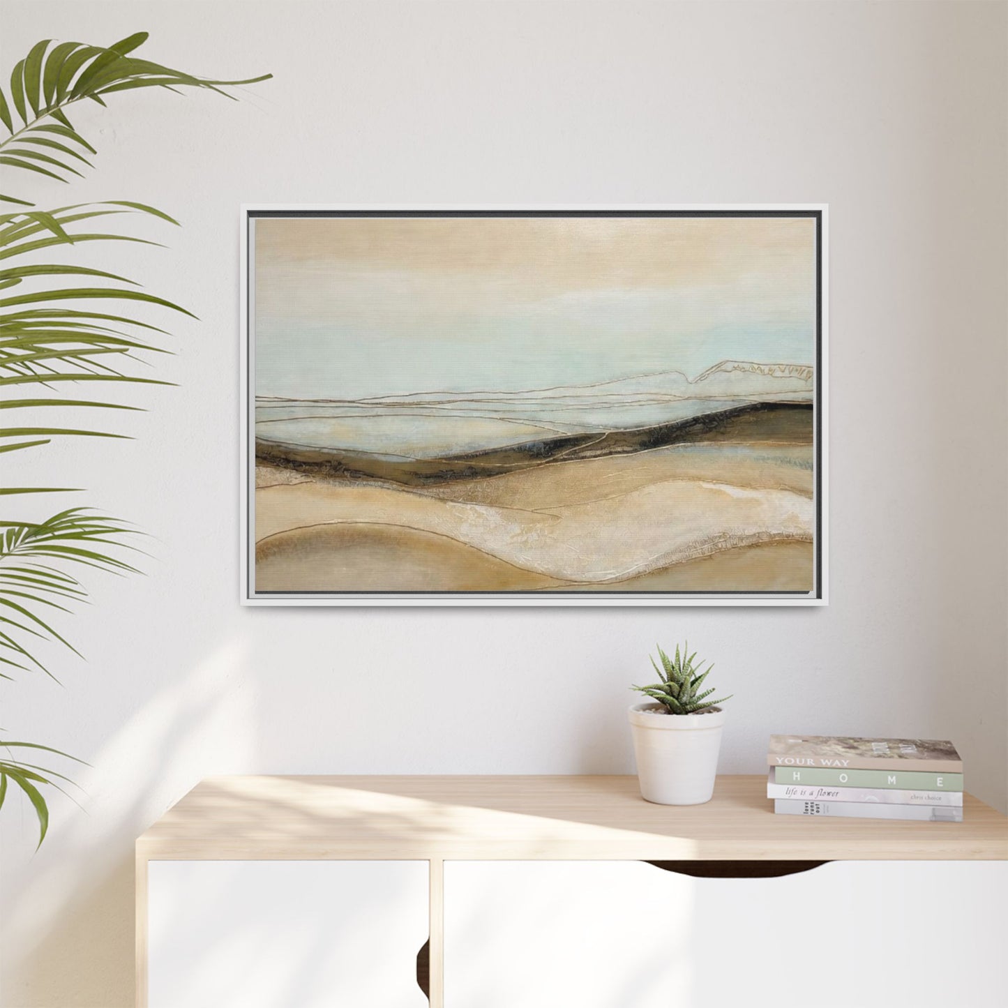 Framed Matte Canvas Wall Art — Neutral Abstract Landscape in Soft Blues & Earth Tones