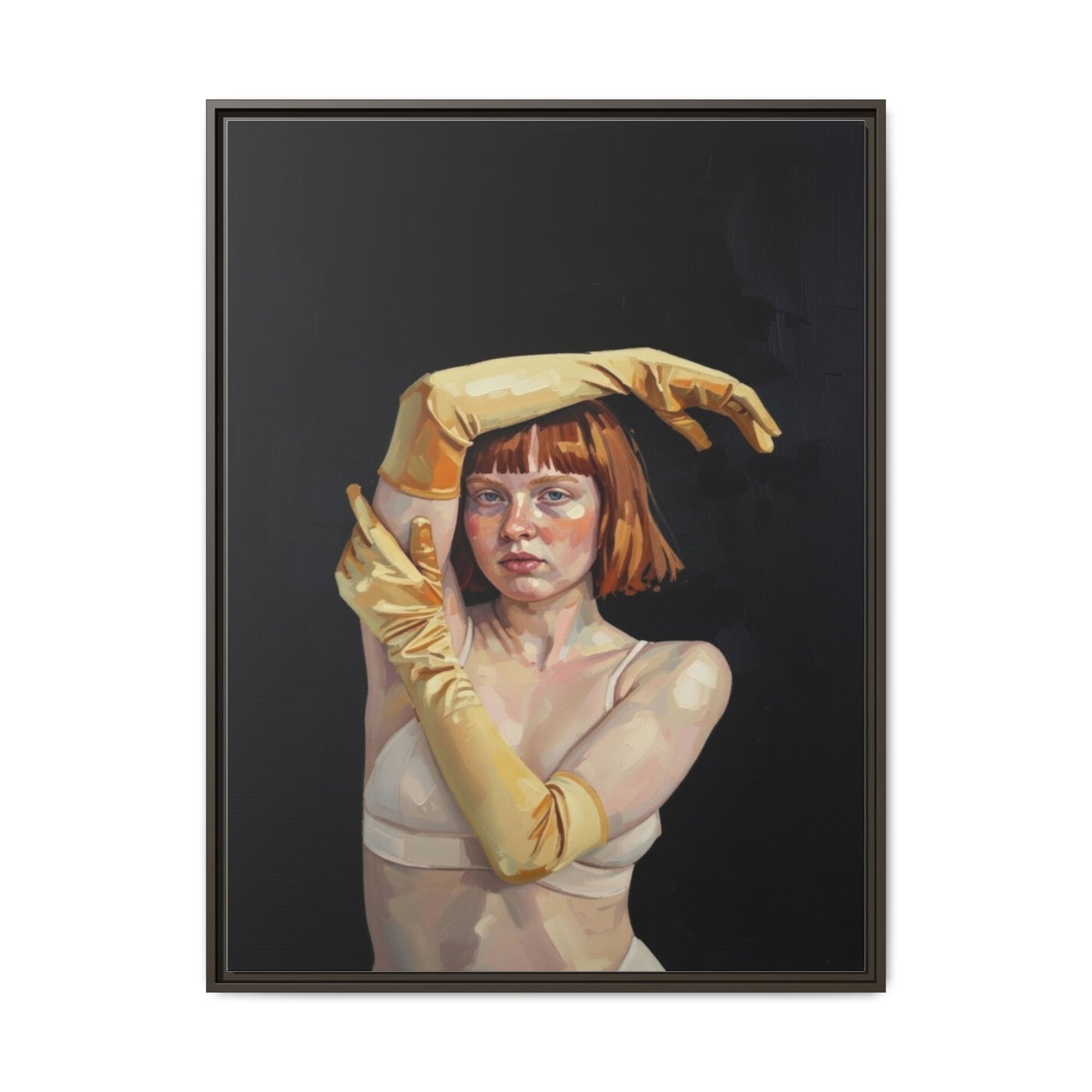 Framed Matte Canvas Art – Portrait of Woman in Yellow Gloves
