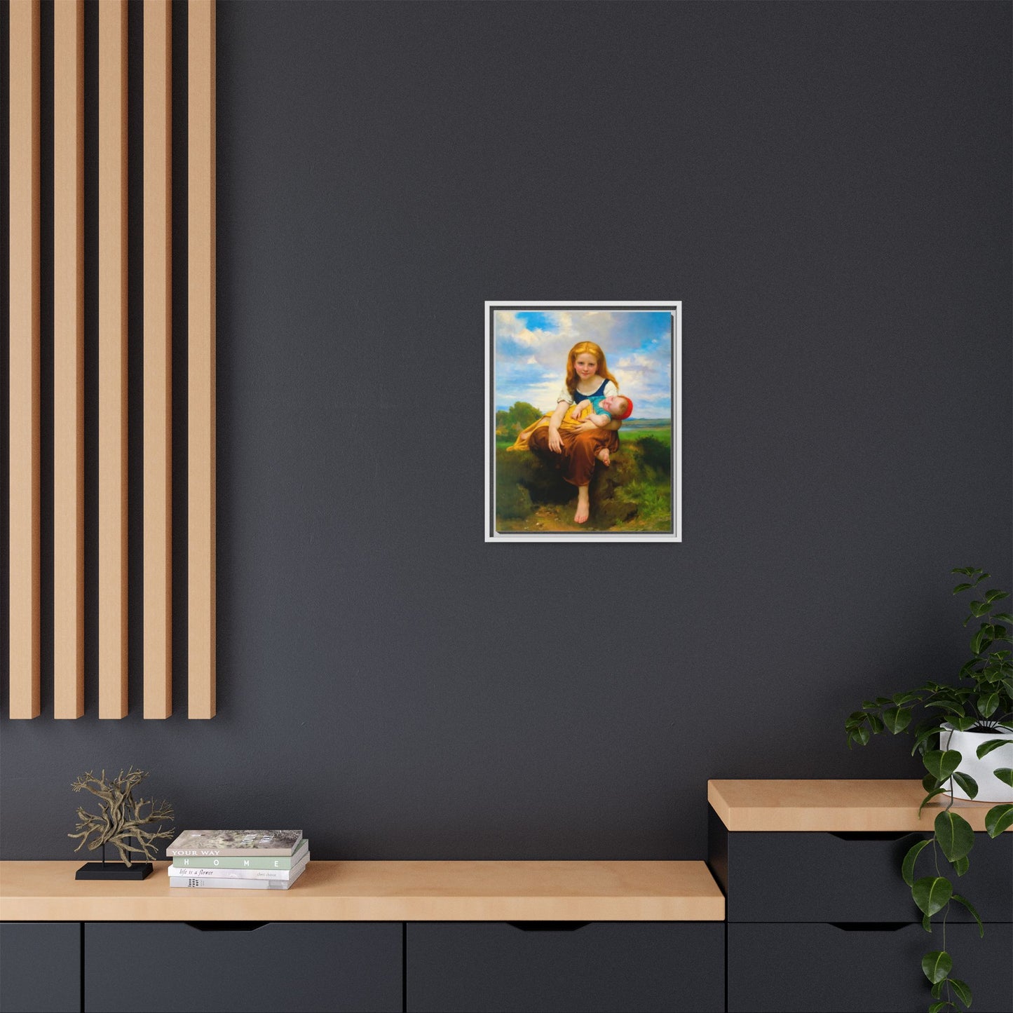 Young Girl Holding Sleeping Baby Canvas Print, Framed Wall Art