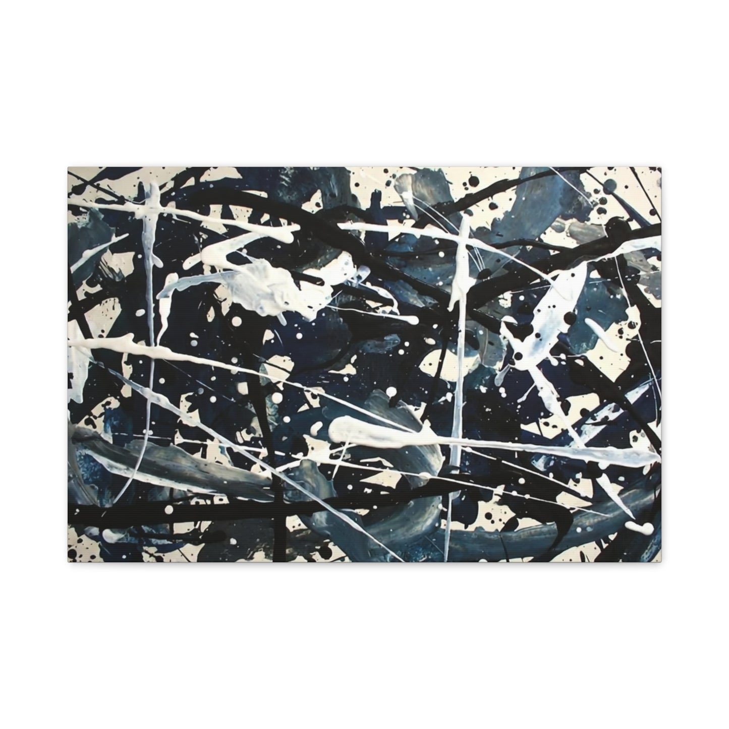 Abstract Drip Painting Canvas Print — Blue & Black Modern Wall Art (Matte Stretched)