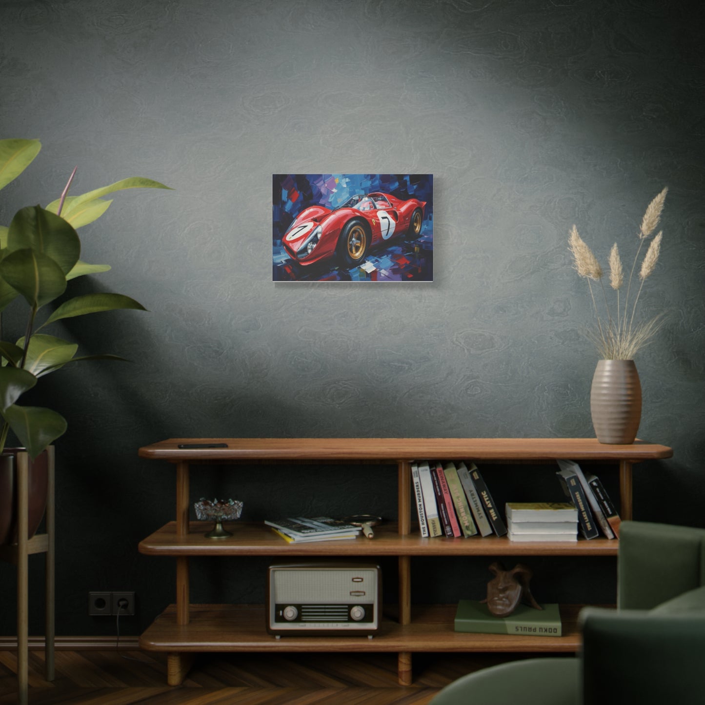 Vintage Ferrari Racing Car Canvas Print — Red Classic Sports Car Artwork (Matte Stretched)