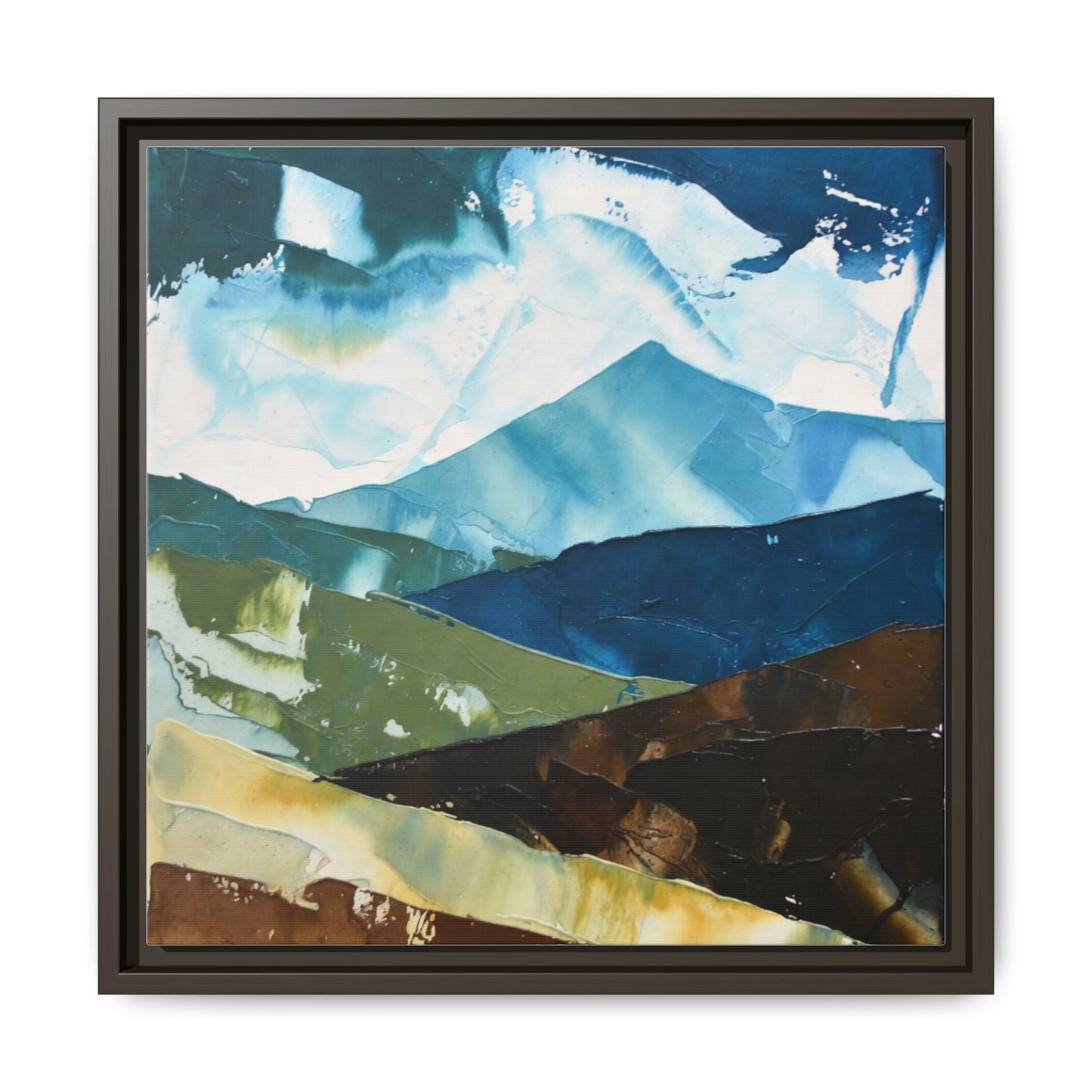 Framed Abstract Mountain Canvas Art — Blue & Earthtone Landscape Print