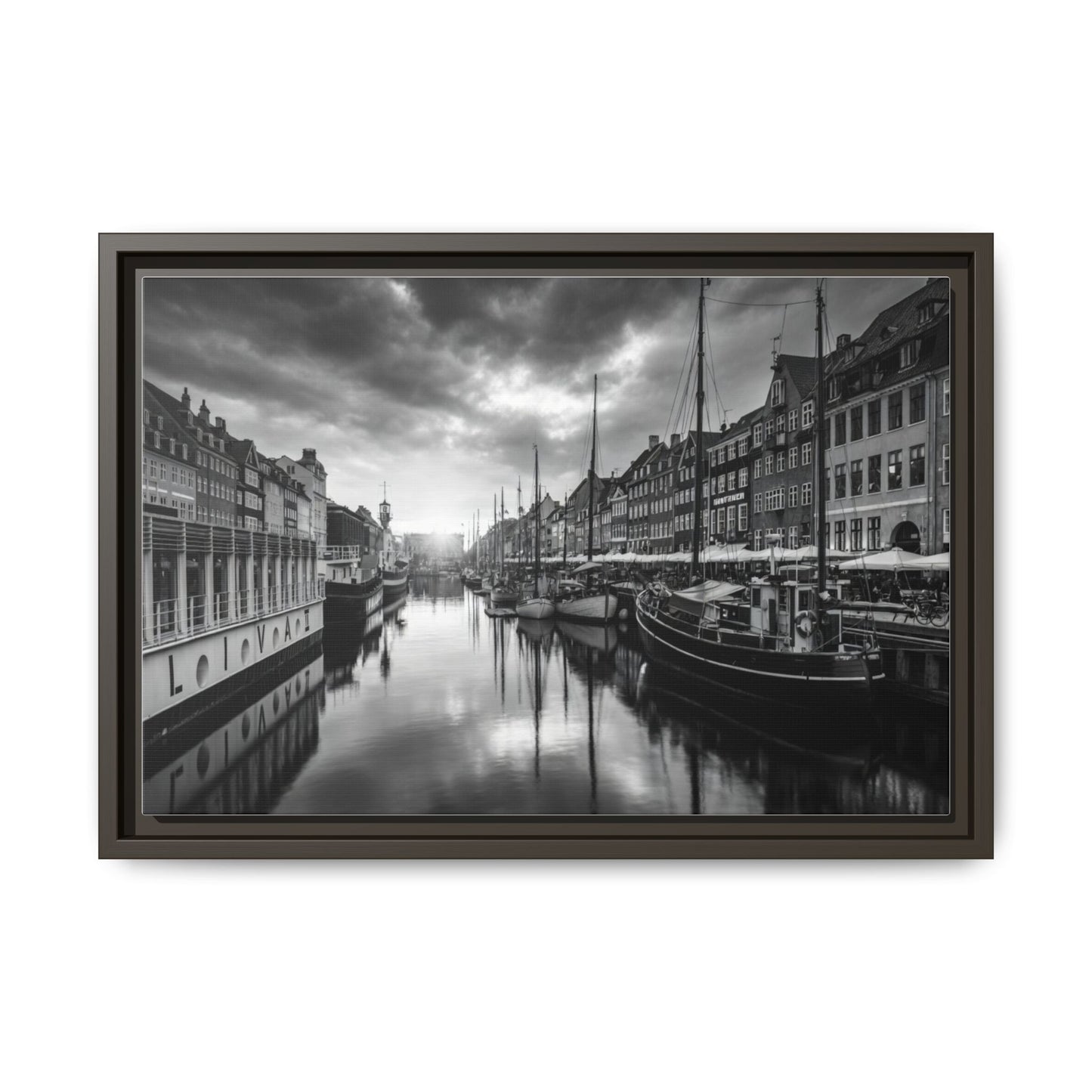 Framed Matte Canvas: Black & White Dutch Canal Photography Wall Art