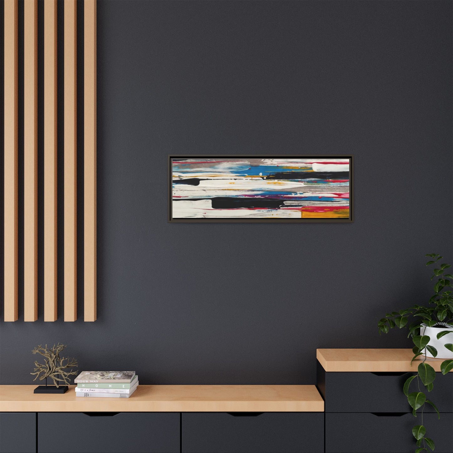 Abstract Multi-Color Framed Canvas Wall Art — Modern Horizontal Brushstroke Print