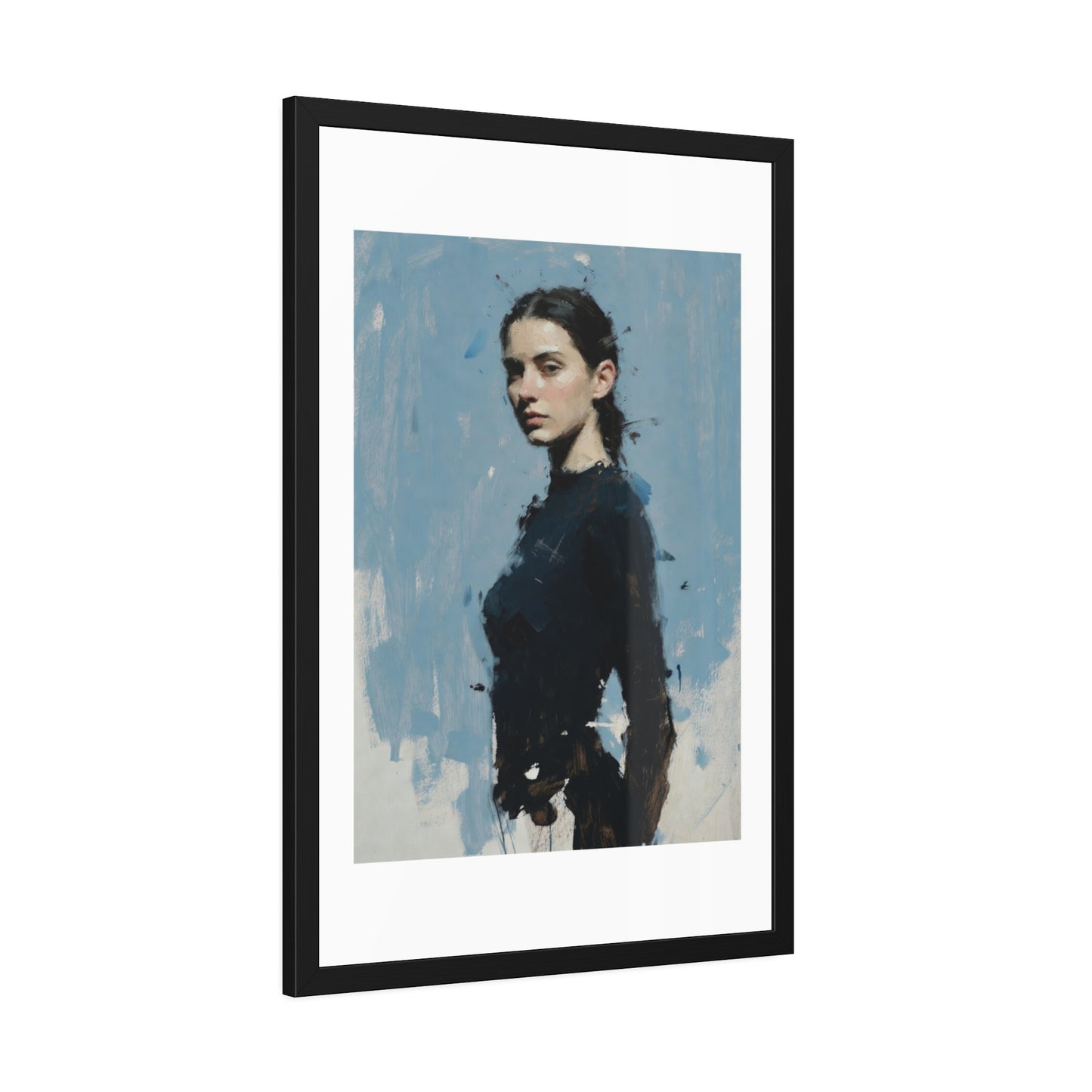 Framed Art Print — Moody Portrait with Blue Painterly Background