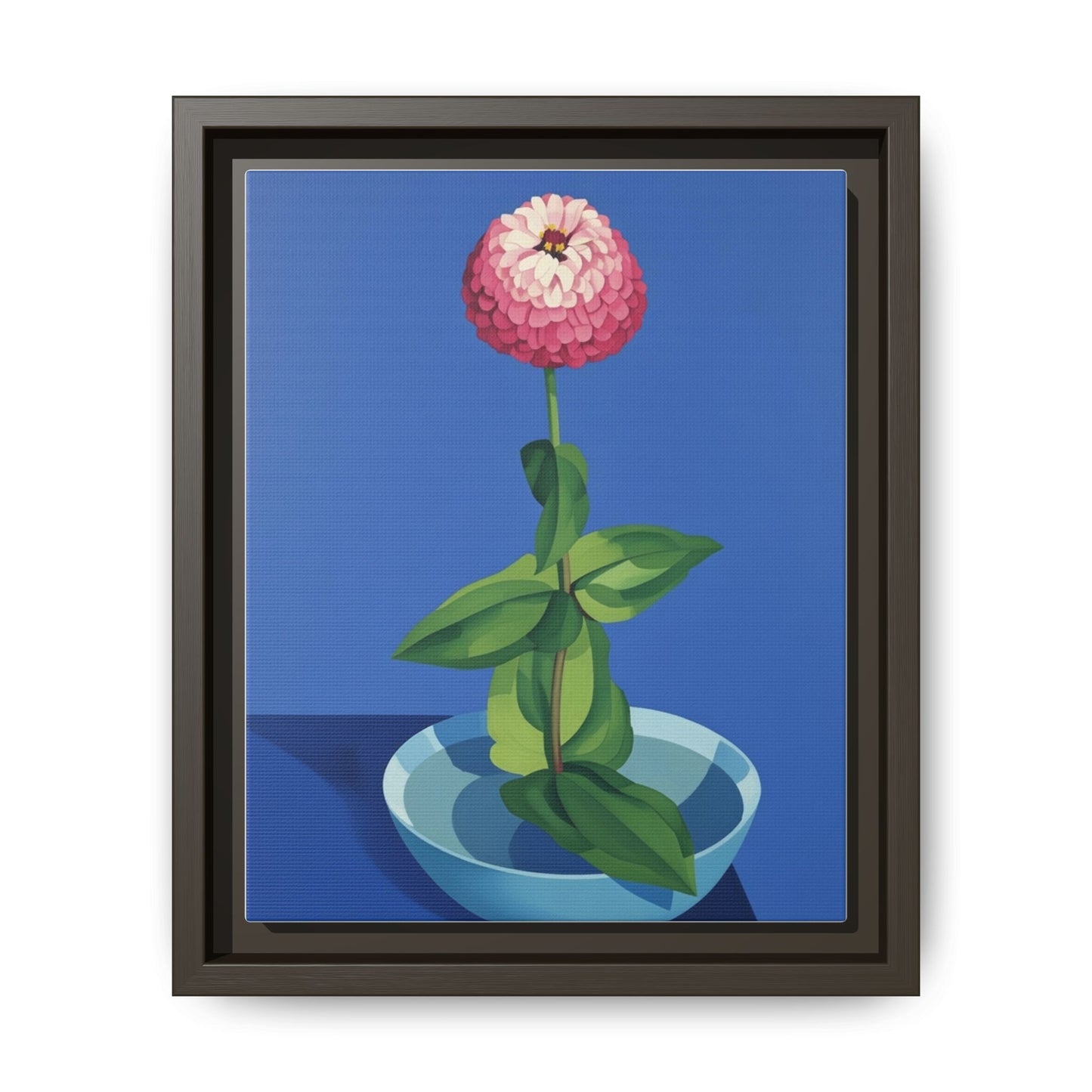 Framed Matte Canvas Art — Pink Zinnia in Blue Bowl (Botanical Still Life)