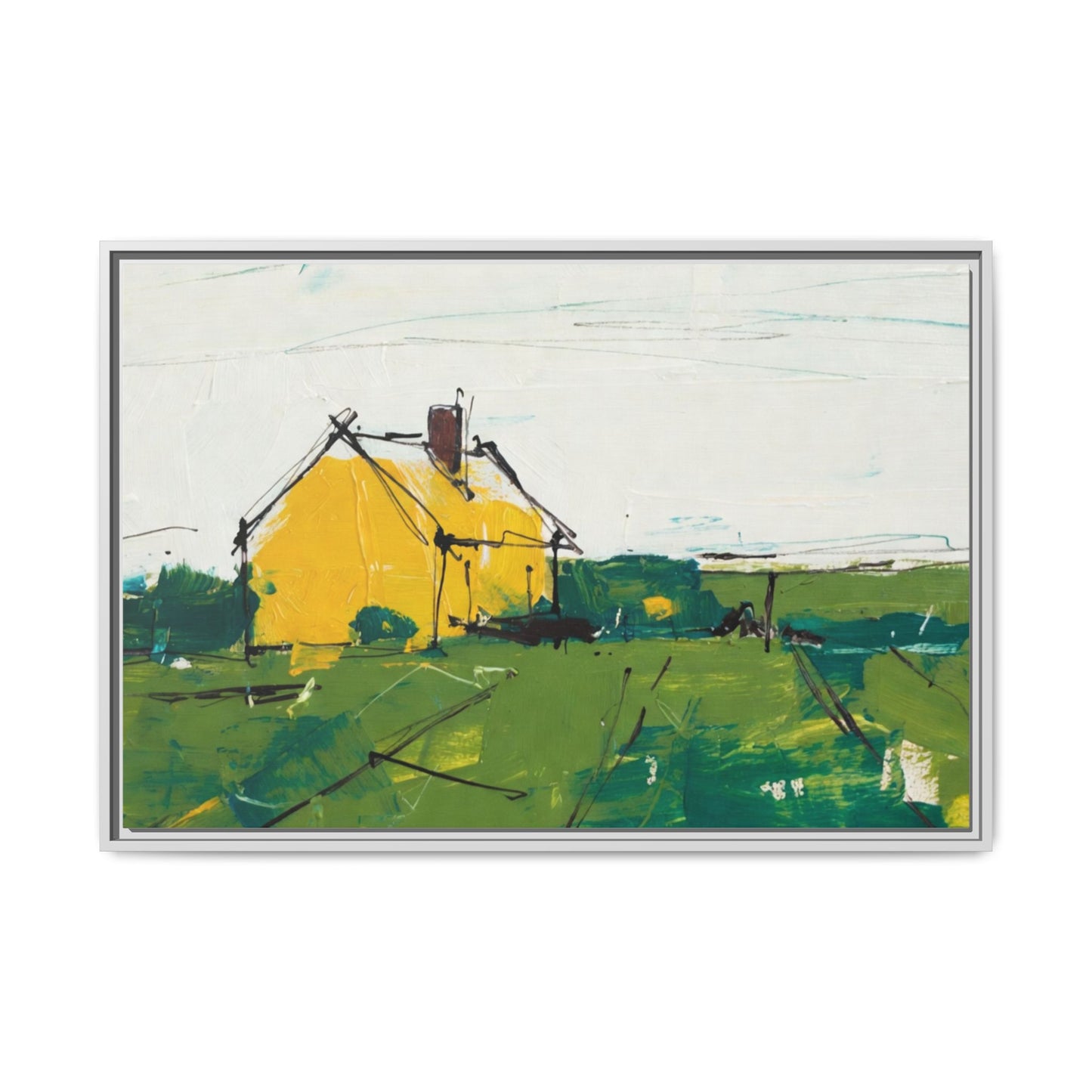 Yellow Cottage Landscape Framed Canvas Print