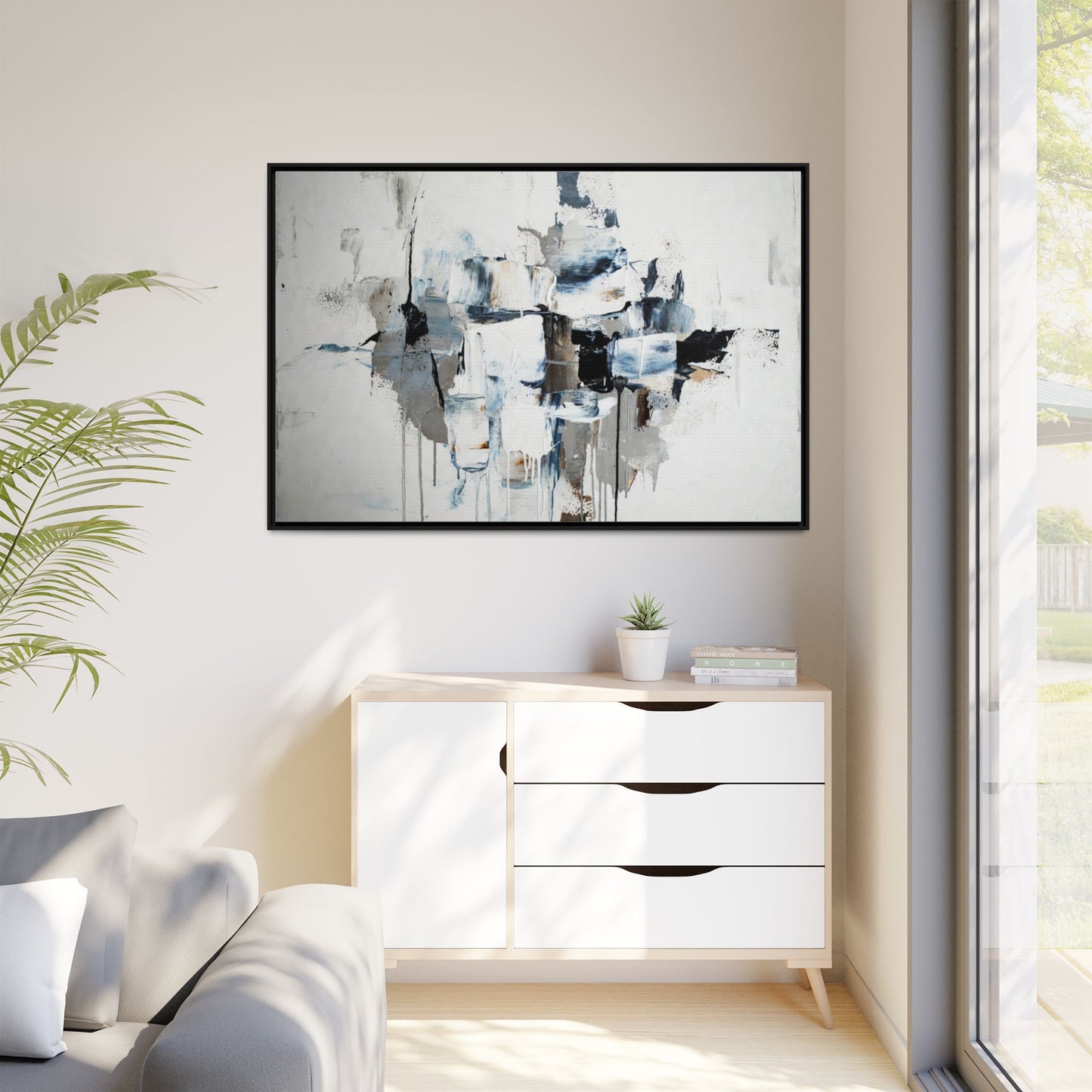 Framed Abstract Canvas Art — Blue Neutral Modern Wall Print