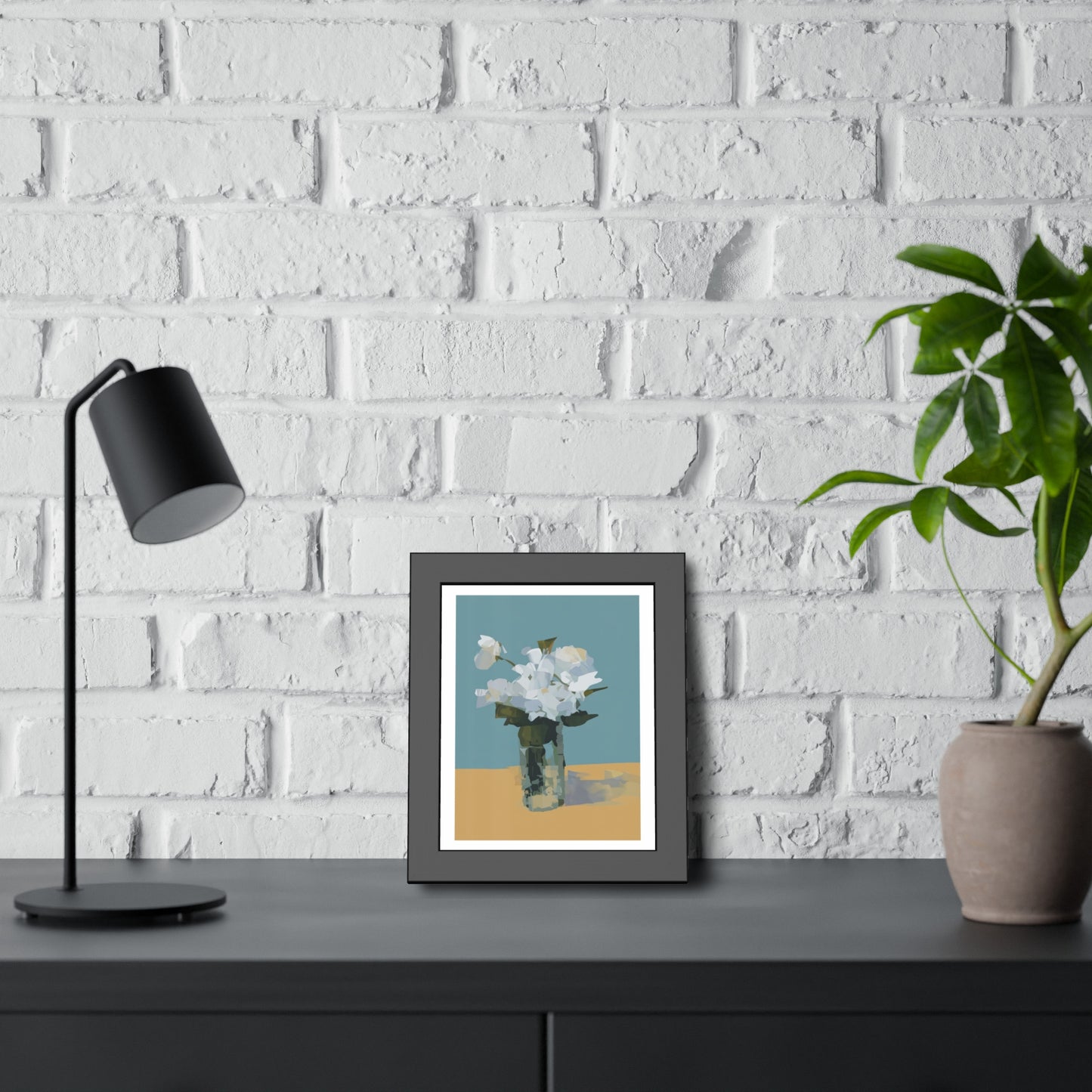 Framed Floral Poster - Modern White Blossoms in Vase Wall Art