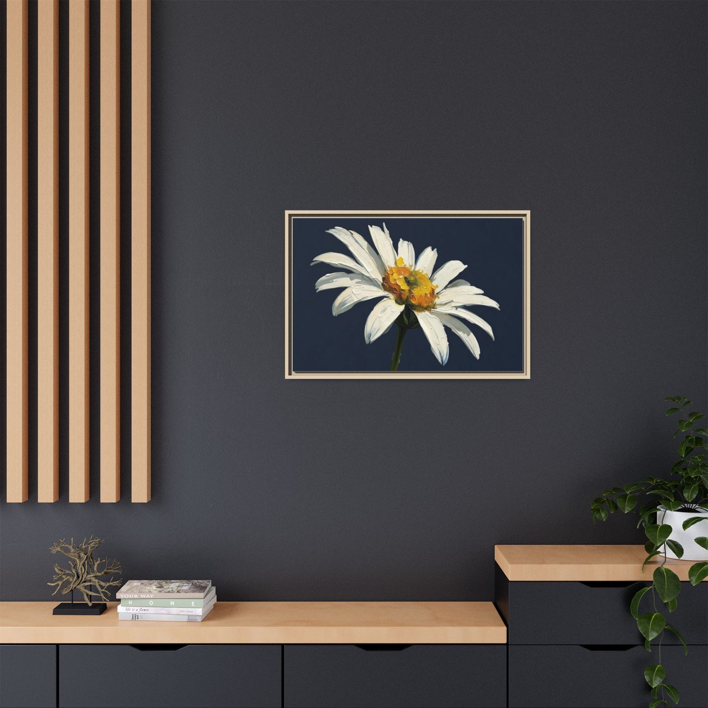 Framed Matte Canvas Daisy Wall Art — White Floral Painting on Navy
