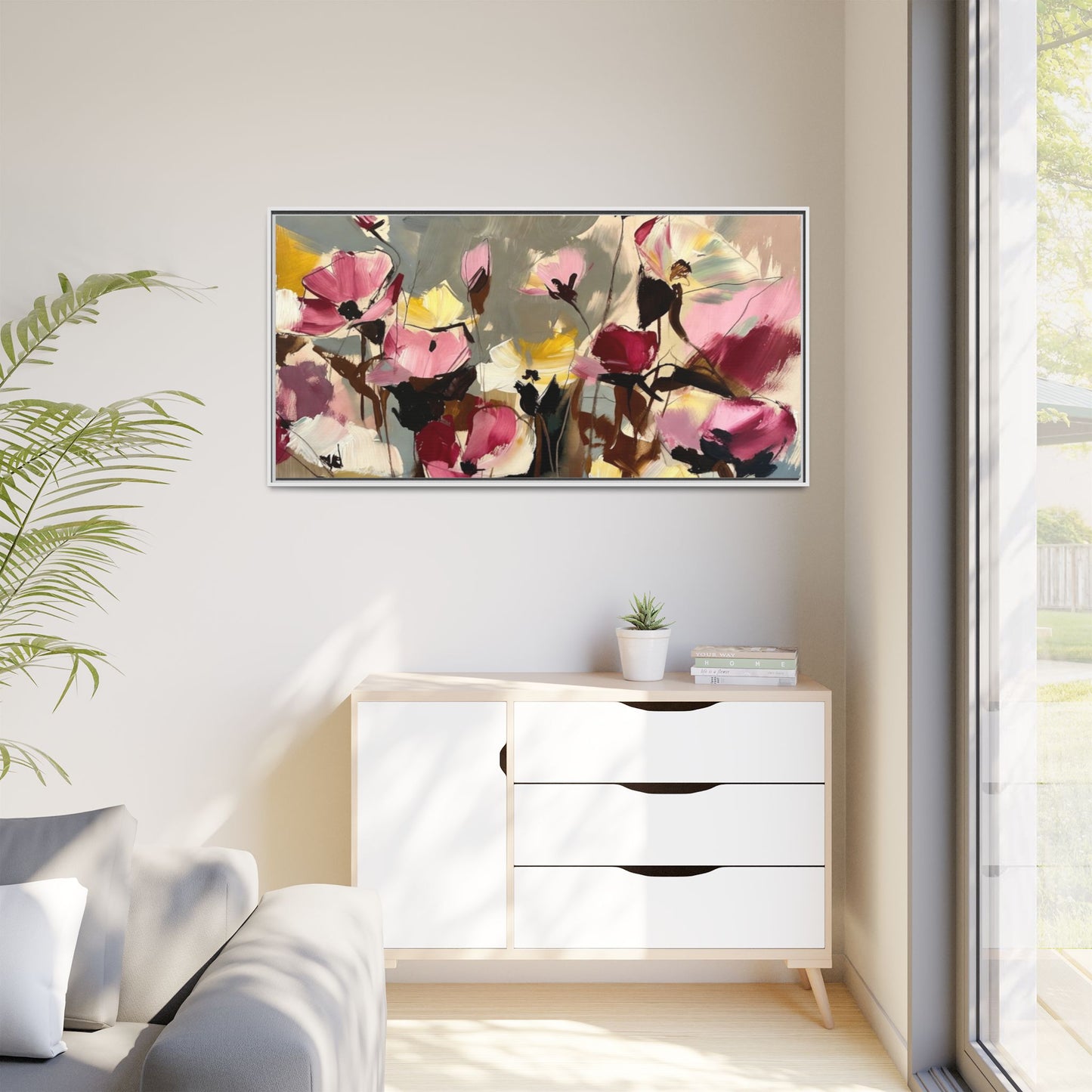 Framed Floral Canvas Wall Art — Abstract Pink & Yellow Flowers