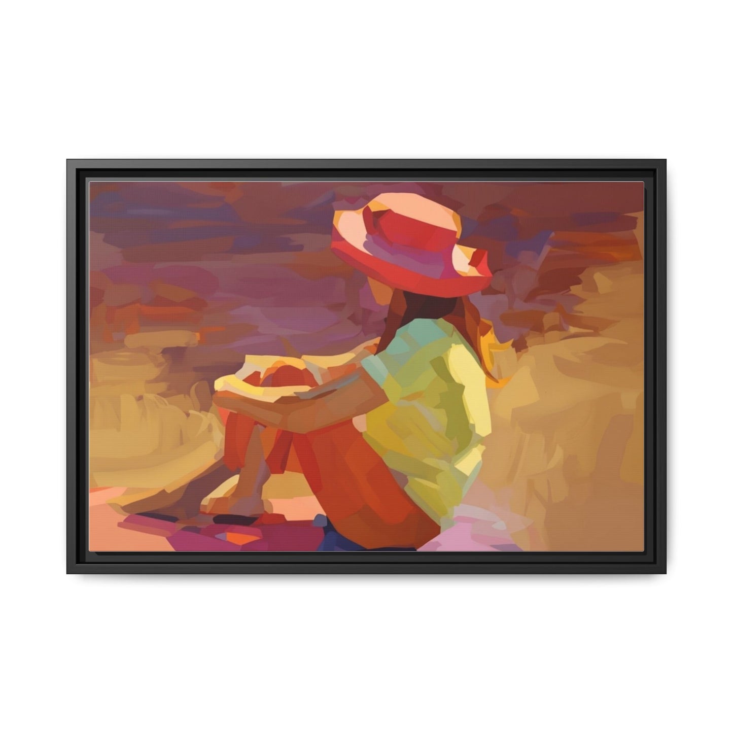 Framed Matte Canvas — Colorful Seated Girl Beach Art