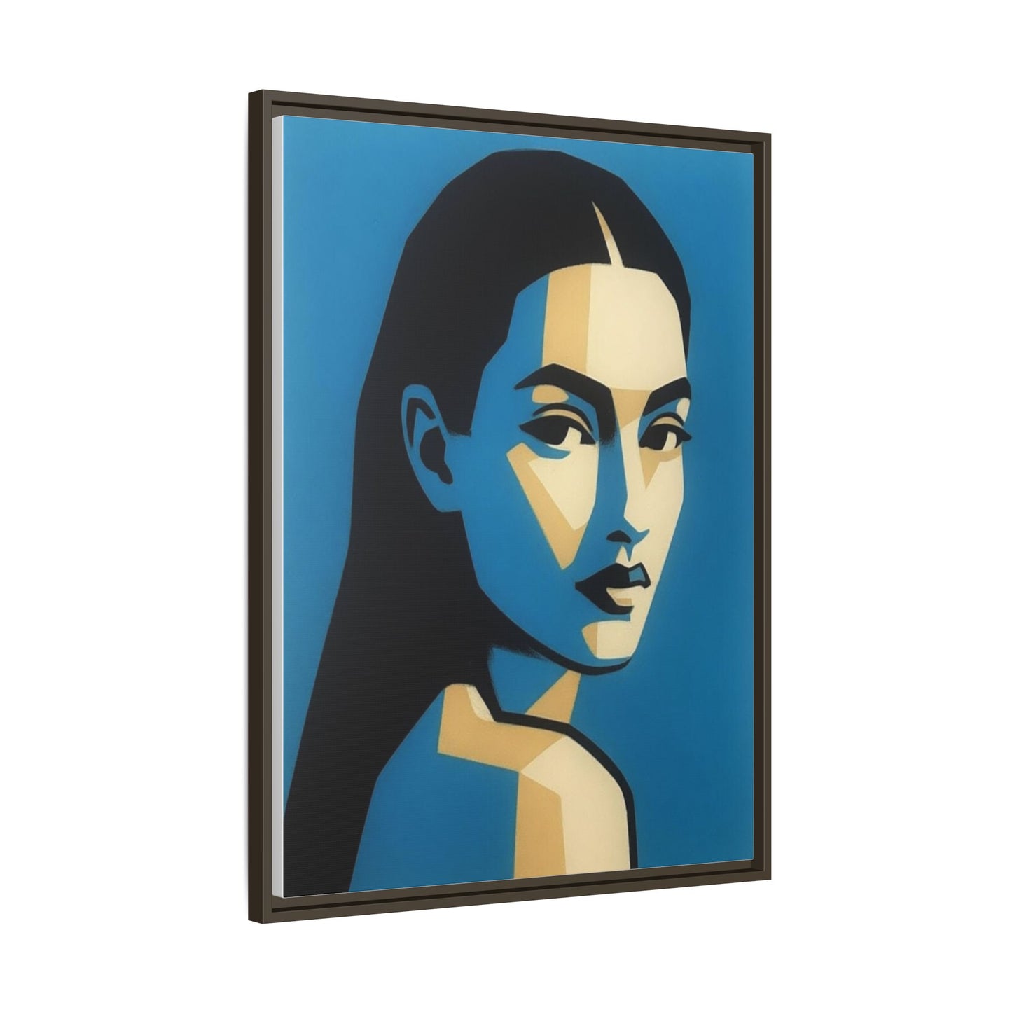 Framed Pop Art Portrait Canvas — Blue Geometric Woman Print