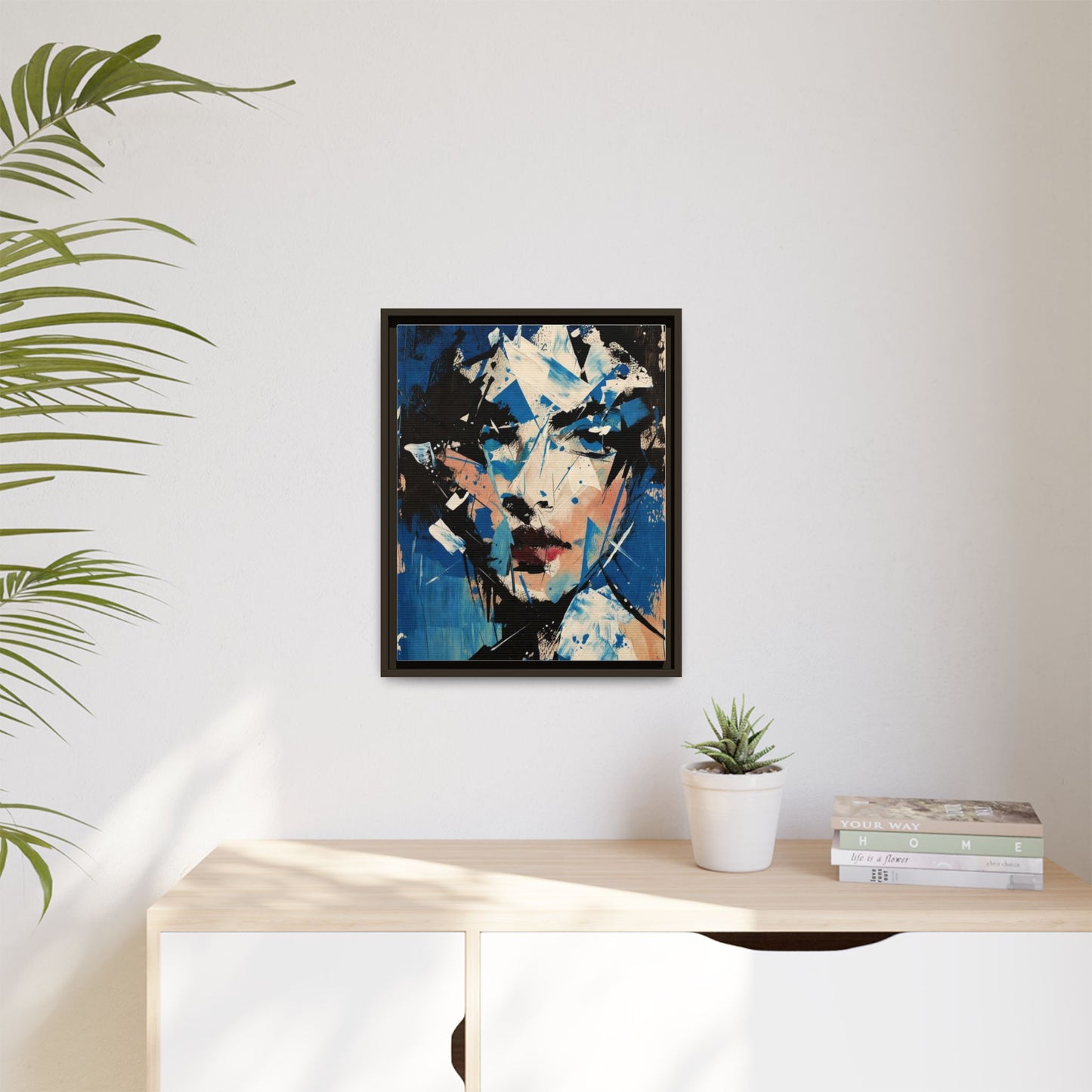 Abstract Portrait Matte Canvas Framed Wall Art — Blue Mixed-Media Face Print