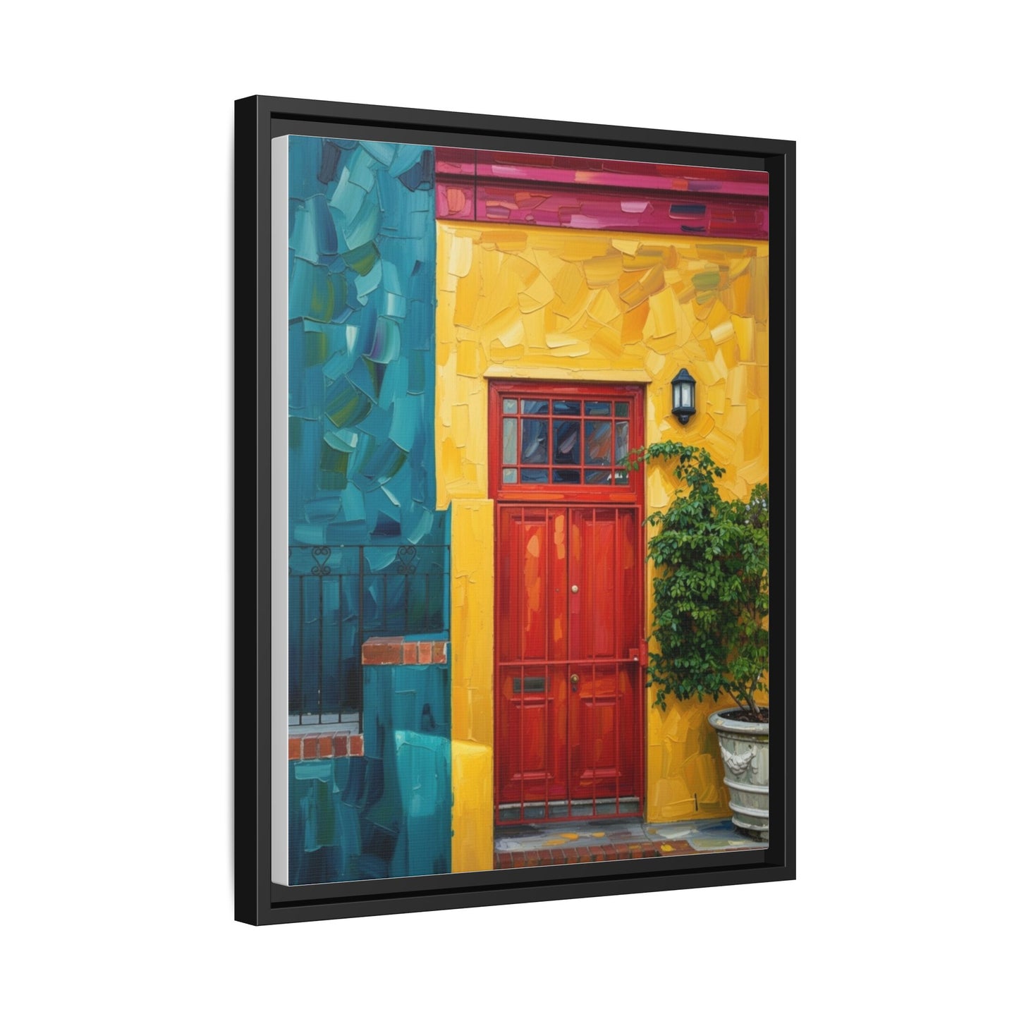Framed Matte Canvas Wall Art — Colorful Red Door on Yellow Facade