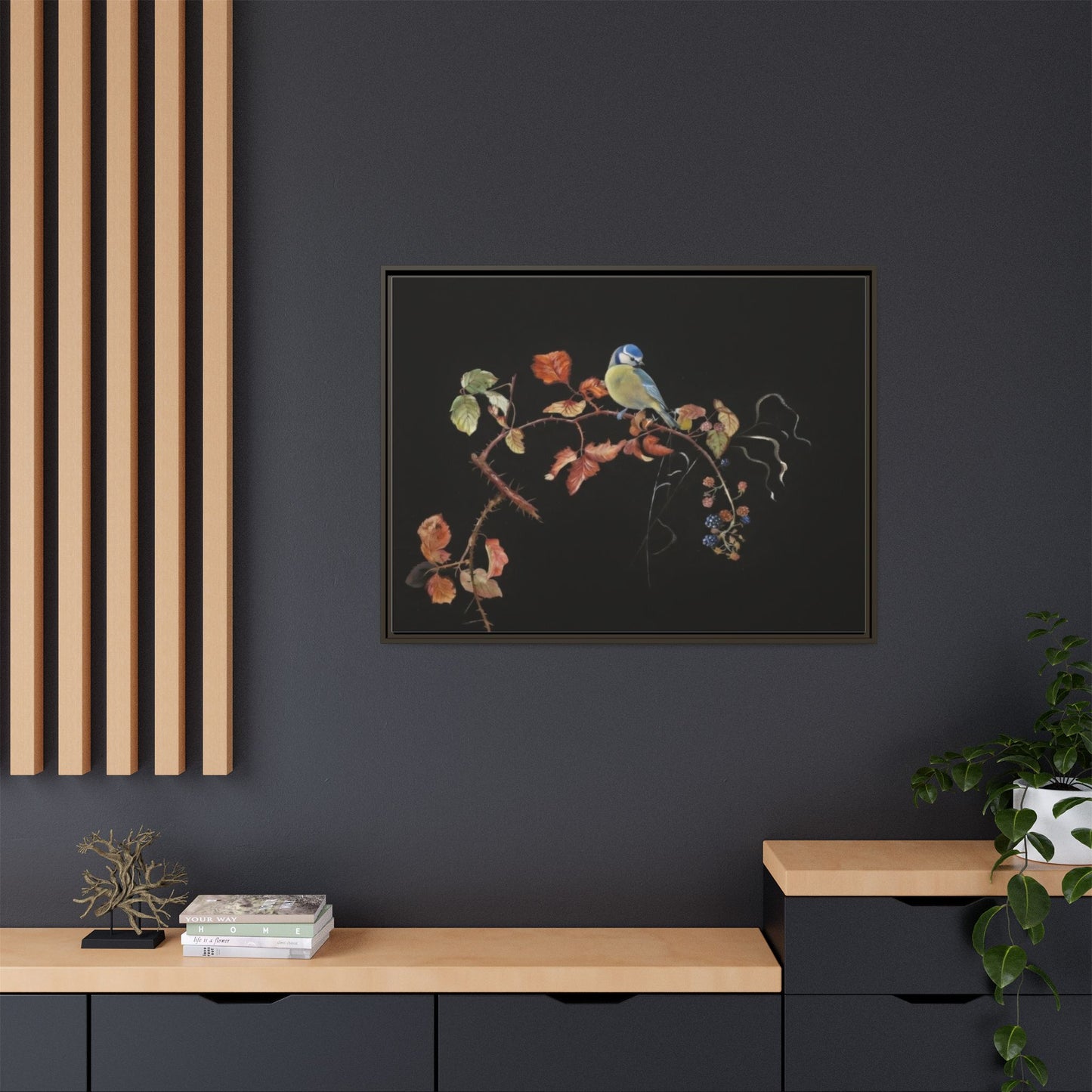 Framed Matte Canvas - Blue Tit on Autumn Branch Wall Art