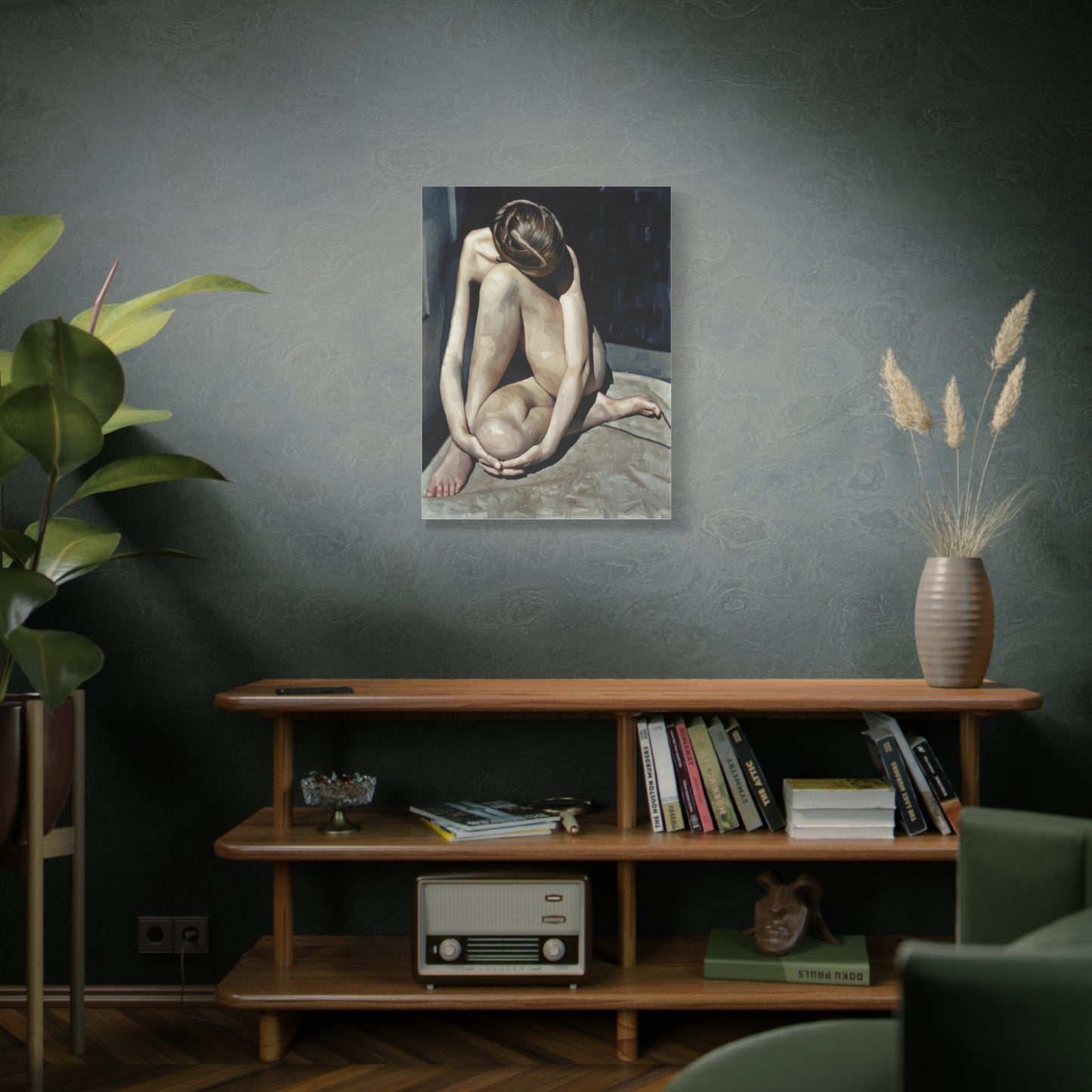 Figurative Nude Art Canvas Print — Contemplative Female Figure Matte Stretched