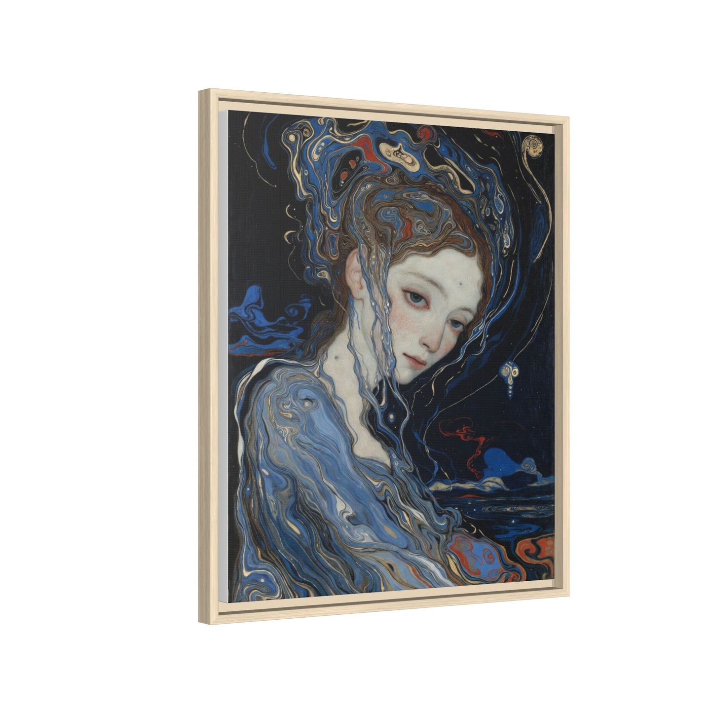 Framed Matte Canvas Art Print — Surreal Blue Maiden Portrait