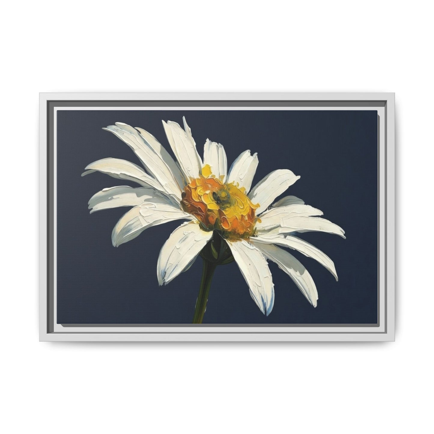 Framed Matte Canvas Daisy Wall Art — White Floral Painting on Navy