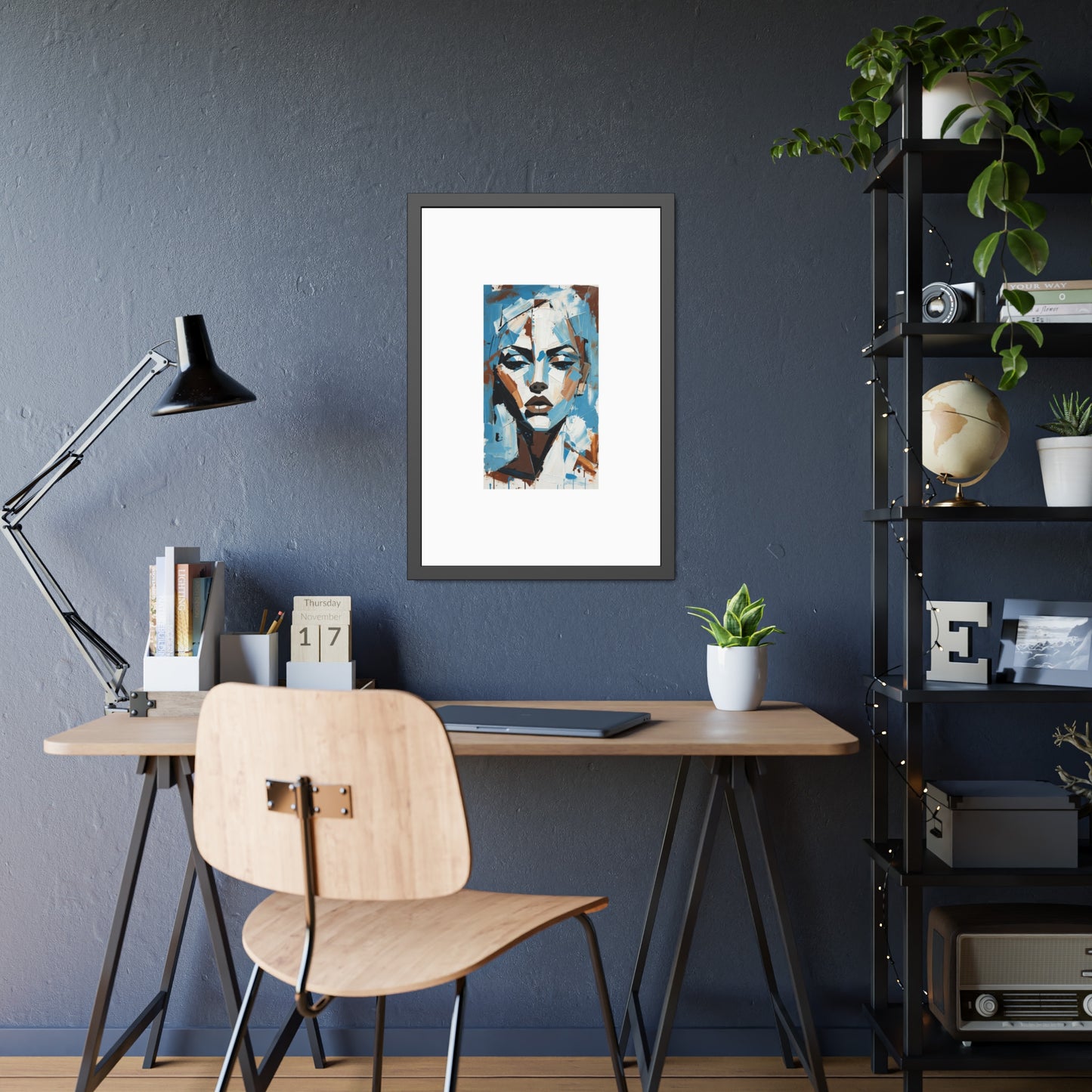 Framed Art Print - Abstract Blue Portrait Poster (Modern Wall Decor)