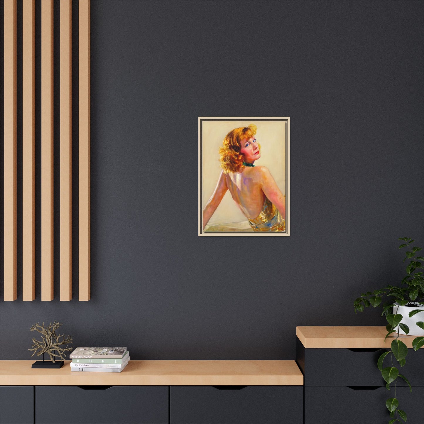 Framed Matte Canvas Print — Vintage Portrait of Redhead Greta Garbo in Gold Dress