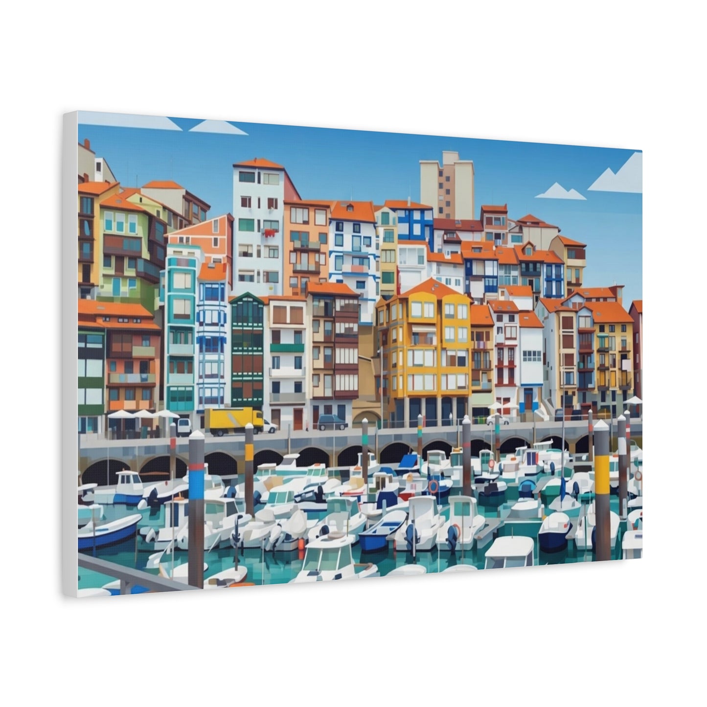 Colorful Coastal Harbor Matte Canvas Print — Stretched Wall Art