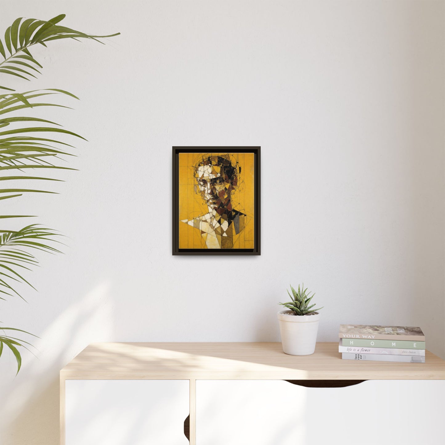 Framed Matte Canvas Art - Abstract Geometric Portrait on Mustard Yellow