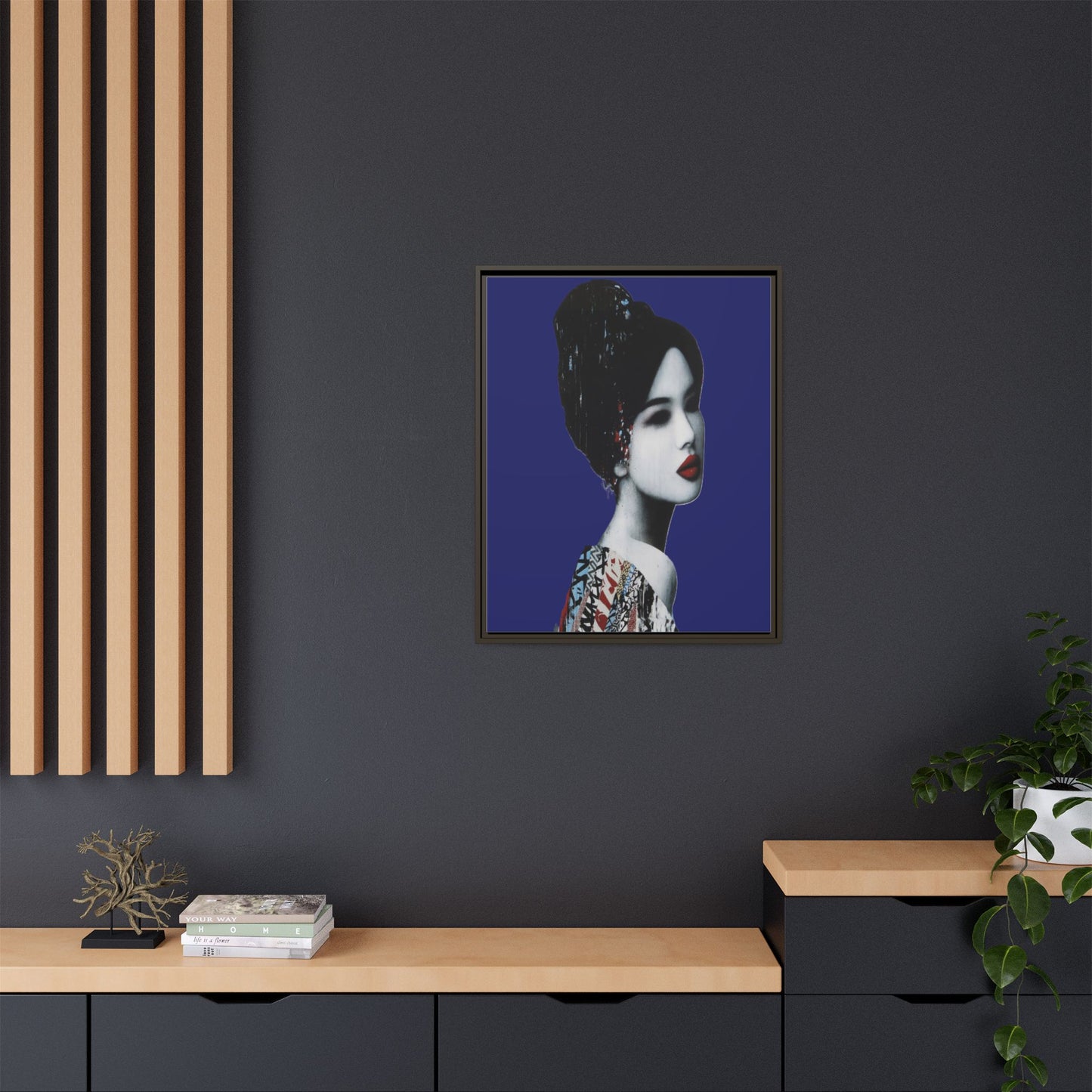 Framed Matte Canvas Art — Elegant Geisha Portrait on Deep Blue