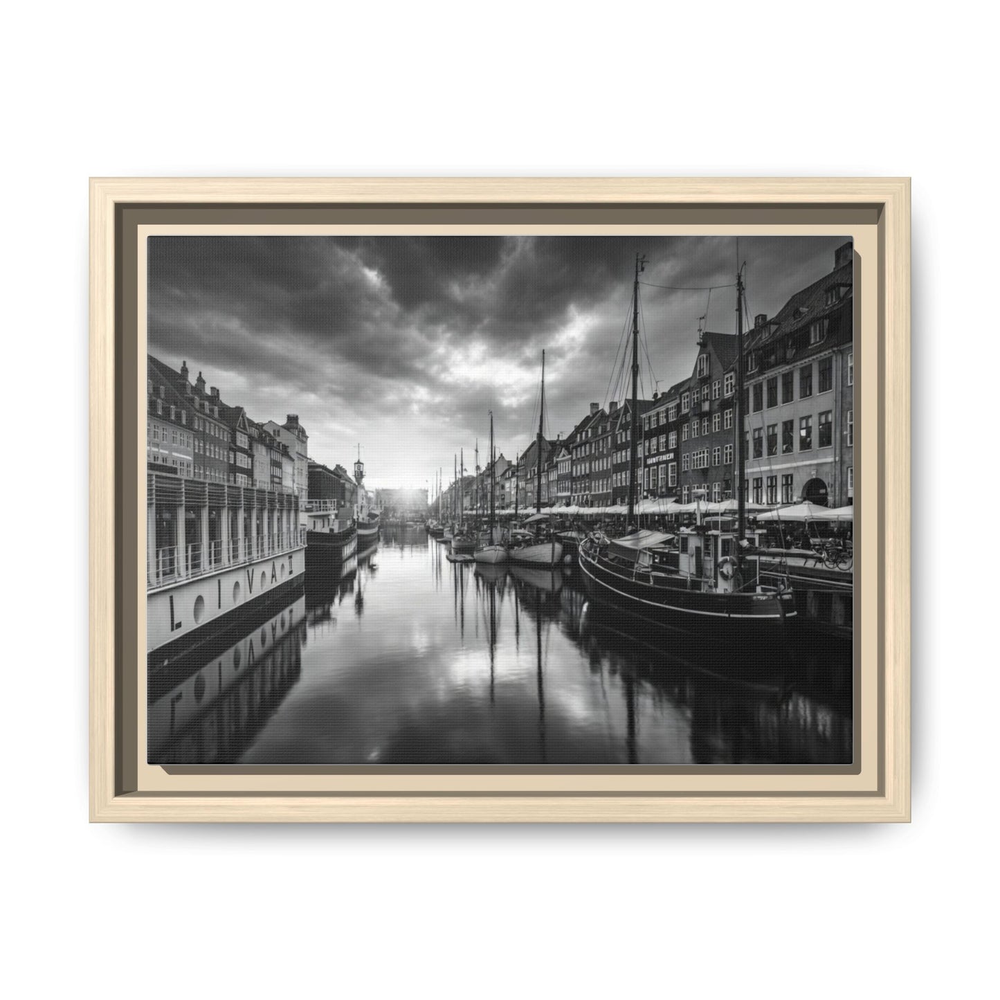 Framed Matte Canvas: Black & White Dutch Canal Photography Wall Art
