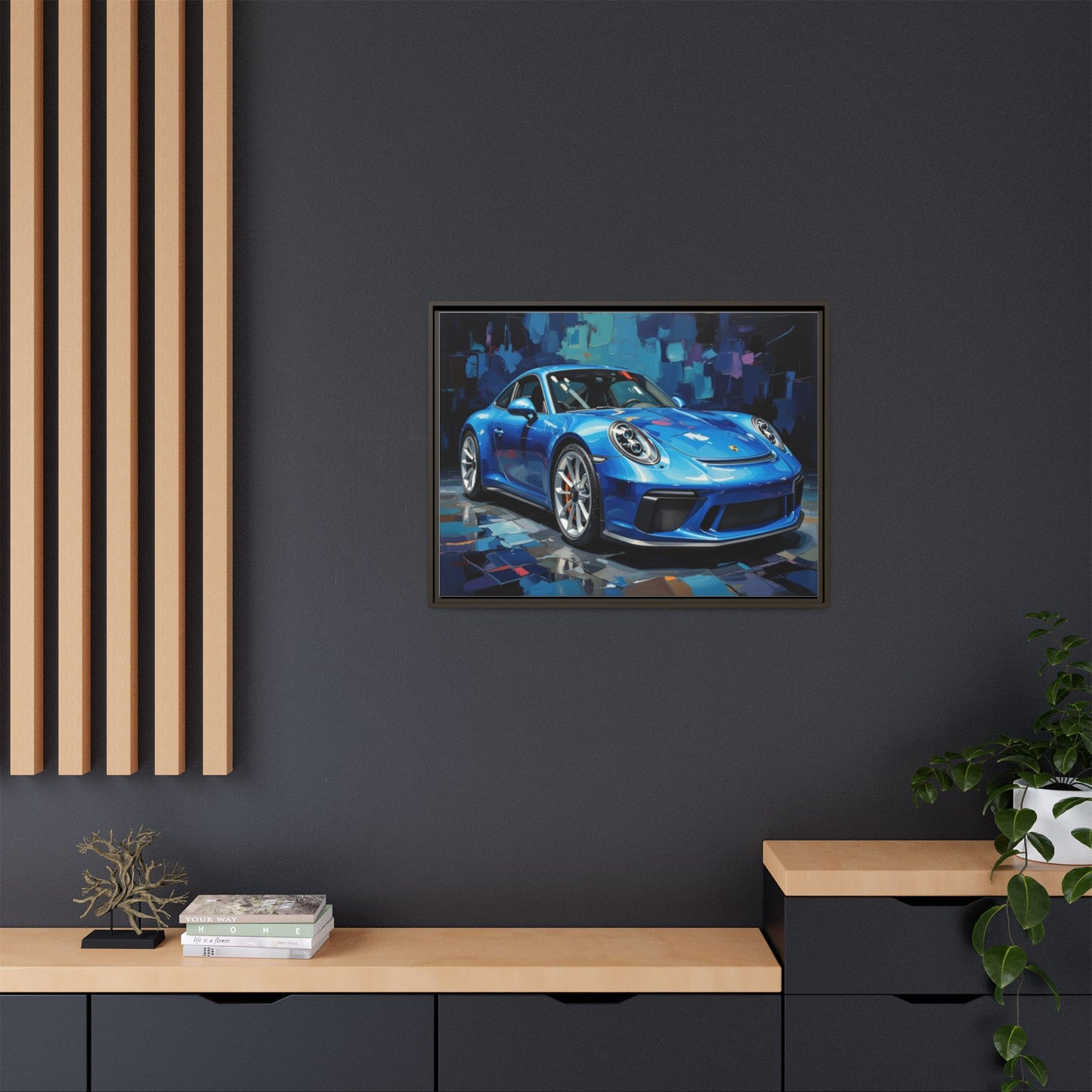 Blue Sports Car Matte Canvas Framed Print — Modern Automotive Wall Art