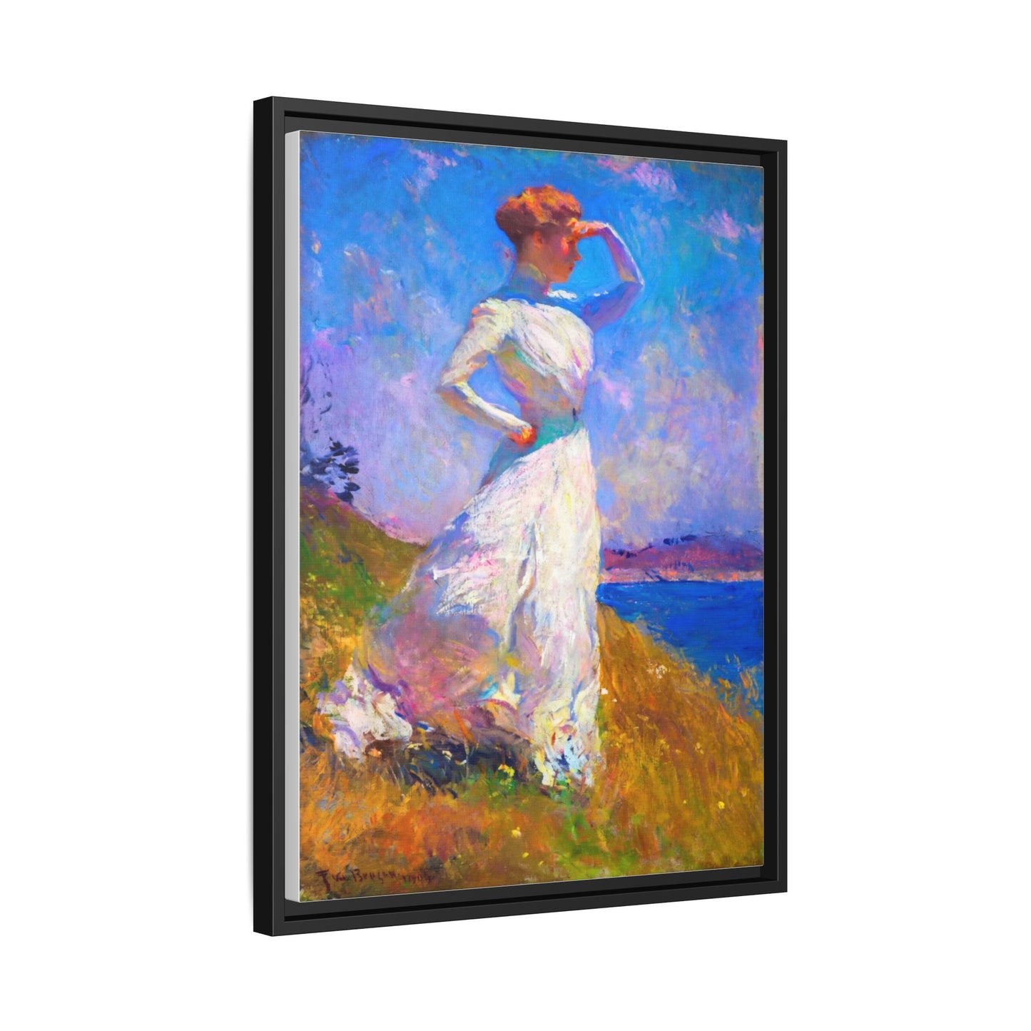 Framed Matte Canvas Art - Woman in White Seaside Impressionist Print