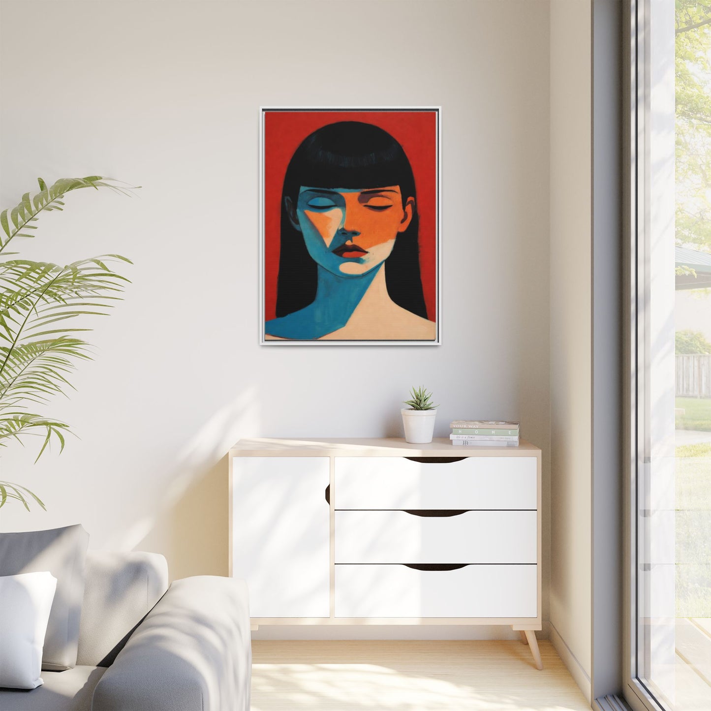 Framed Matte Canvas Art – Minimalist Portrait in Red & Teal