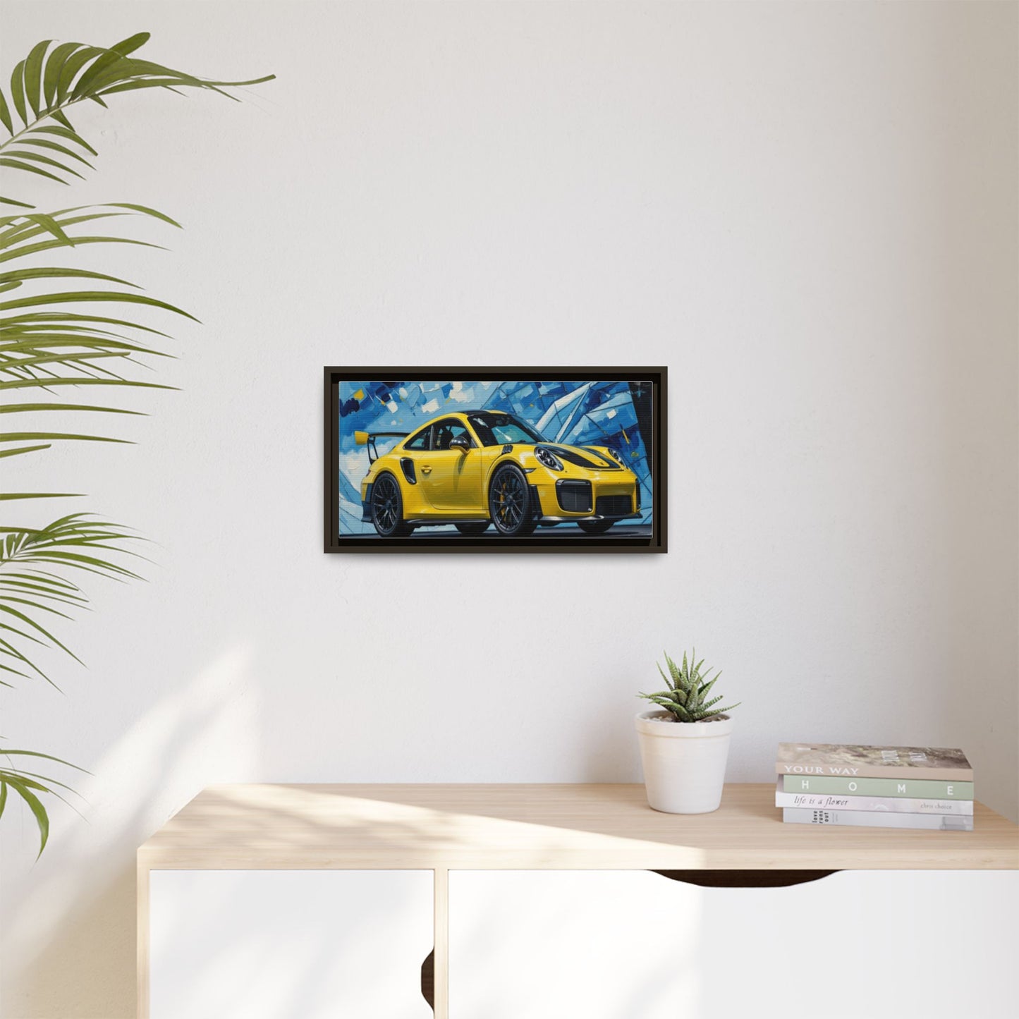Yellow Porsche Sports Car Matte Framed Canvas – Modern Automotive Wall Art