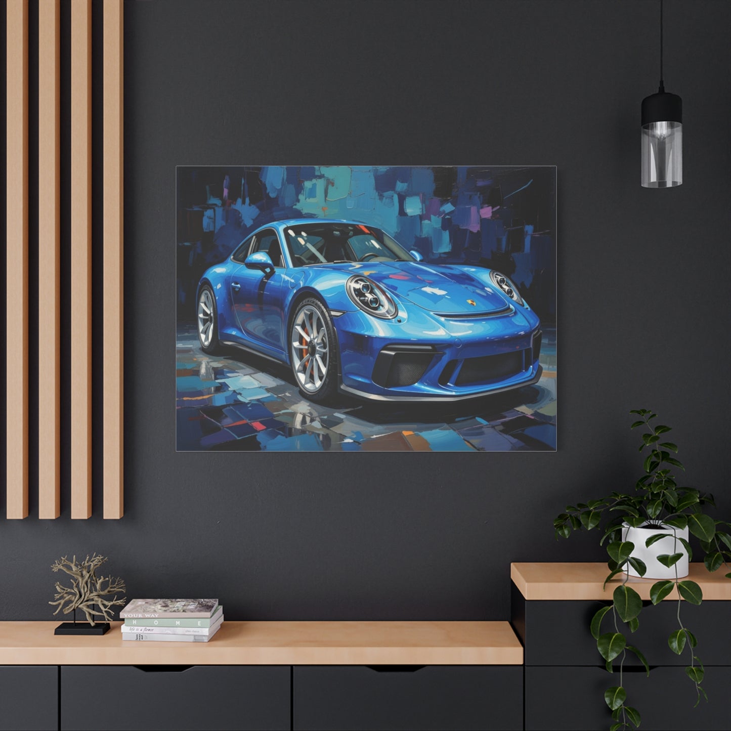 Blue Sports Car Canvas Wall Art — Modern Automotive Painting on Stretched Matte Canvas