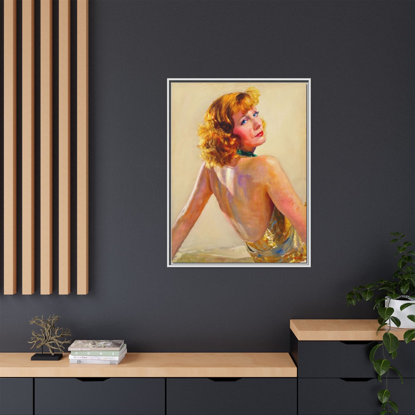 Framed Matte Canvas Print — Vintage Portrait of Redhead Greta Garbo in Gold Dress