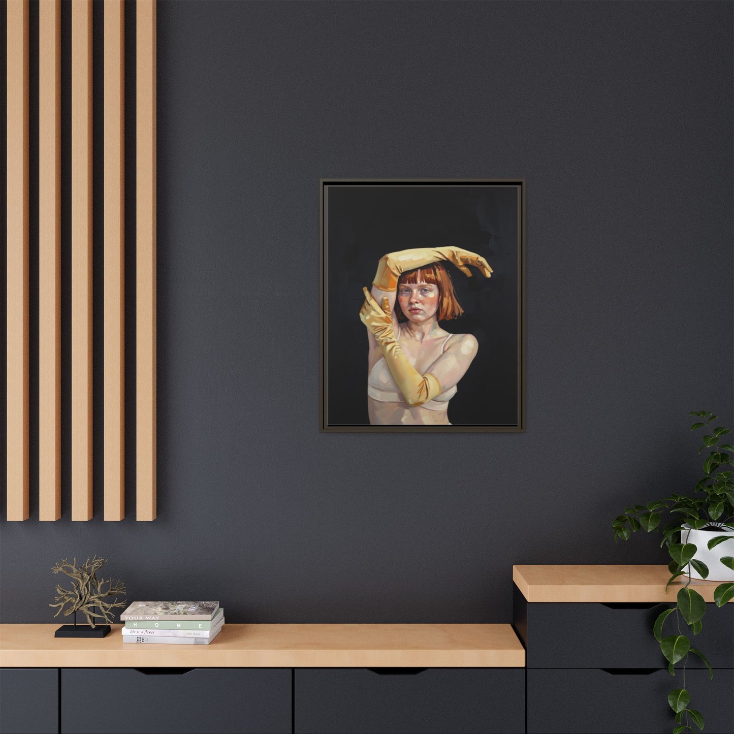 Framed Matte Canvas Art – Portrait of Woman in Yellow Gloves